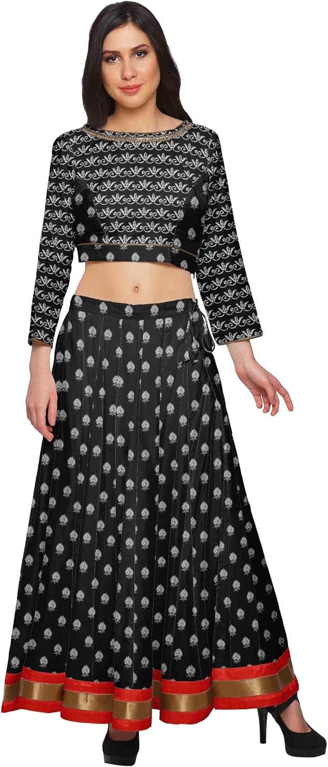 Moomaya Boat Neck Crop Top and Long Skirt Set Printed Ethnic Wear for Women