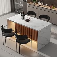 Gyfimoie 63" Imitation Marble Dining Table for 4-6, White Kitchen Island with RGB LED Lights & Grille Design