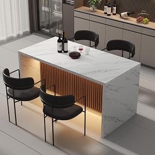 Gyfimoie 63" Imitation Marble Dining Table for 4-6, White Kitchen Island with RGB LED Lights & Grille Design