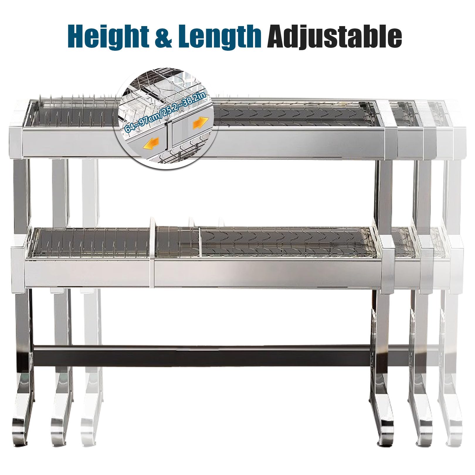 Escurridor de platos sobre el fregadero, estante de 3 niveles ajustable (25,2 a 97 cm) con soporte para esponja para utensilios para organización de encimera de cocina, color plateado