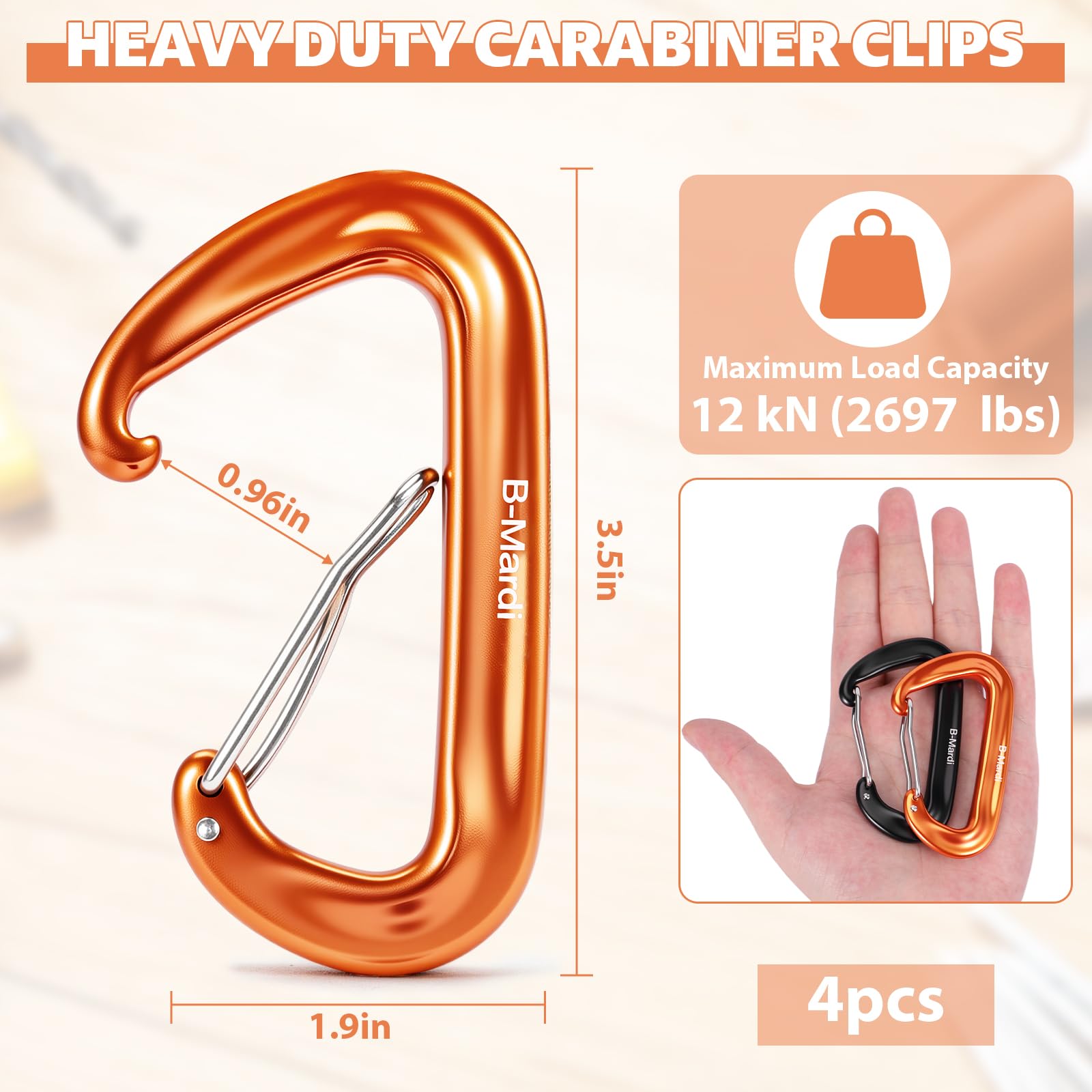 B-Mardi Moschettone Heavy Duty,4 pacchetti,12Kn (3000 libbre) Caribeaners Heavy Duty,Alluminio Wiregate caribeener clip per amaca, portachiavi, campeggio, guinzaglio per cani, escursionismo e utilità