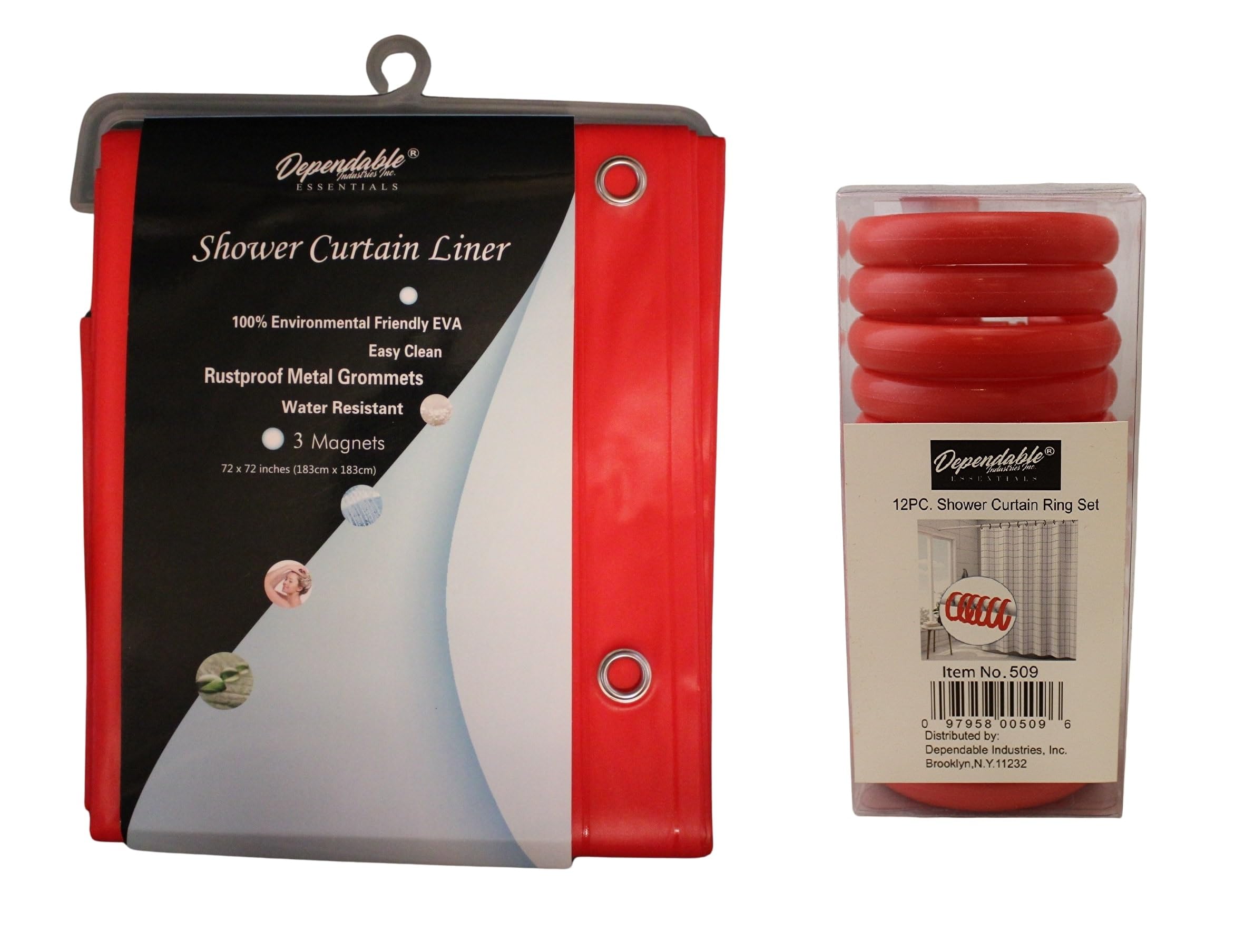 Red Shower Curtain Liner with Matching 12 Piece Plastic