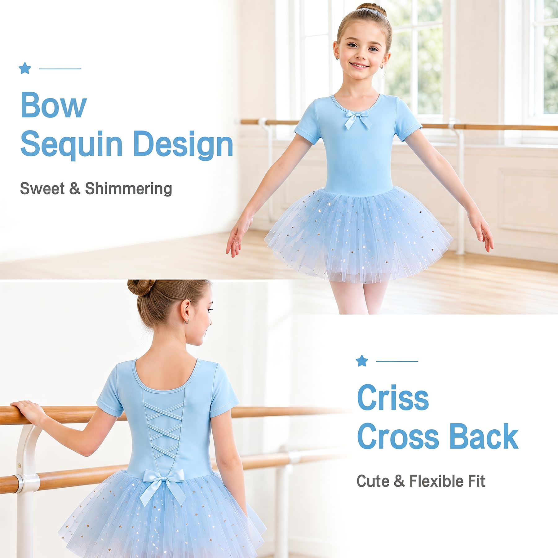 JinBei Vestido Ballet Niña Algodón Tutu con Lentejuelas Maillot Danza 2-9 Años