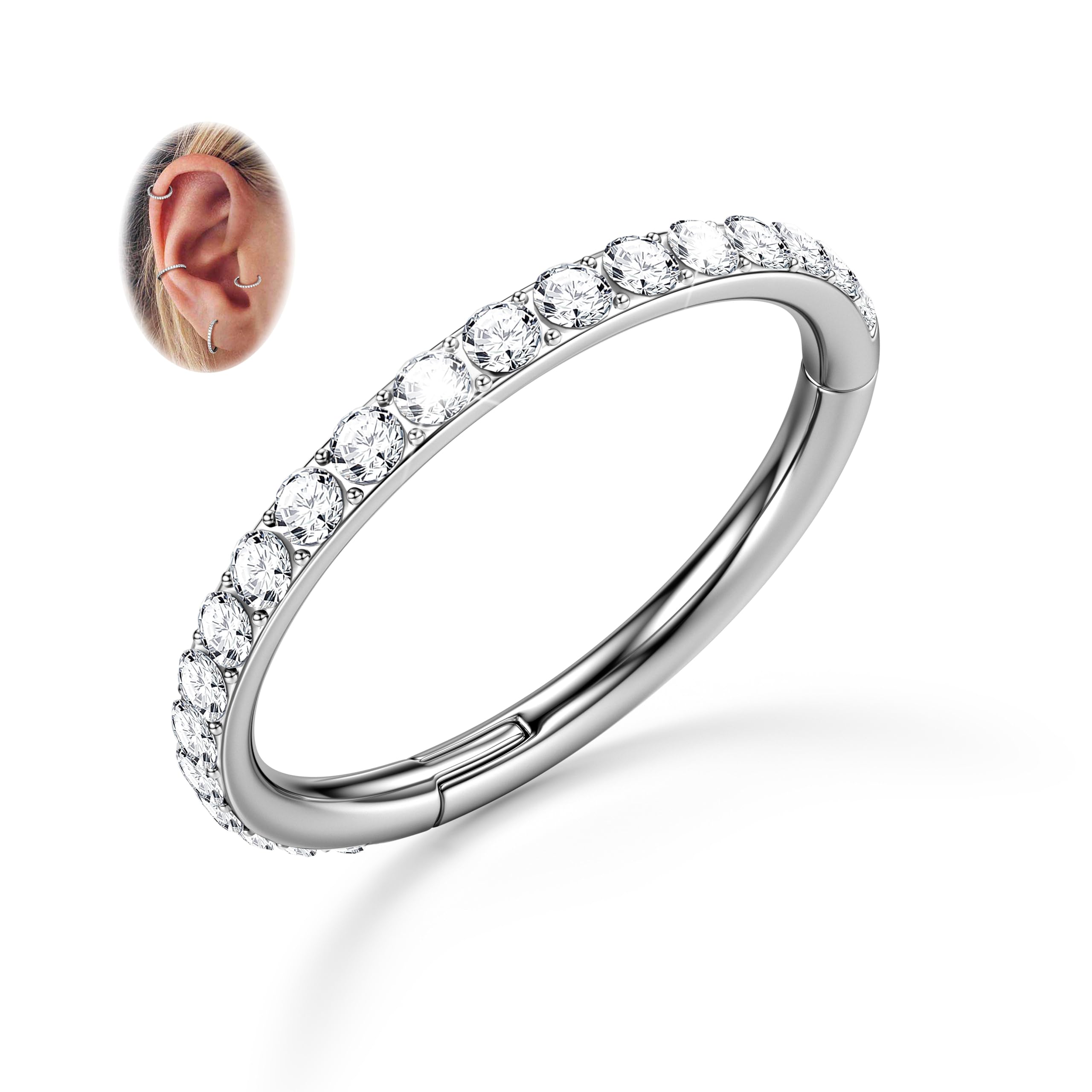 BodyBonita G23 Titanium CZ Nose Rings Hoops - 20G/18G/16G/14G Septum Rings Nose Hoop Clicker Cartilage Earring for Women Helix Rook Tragus Conch