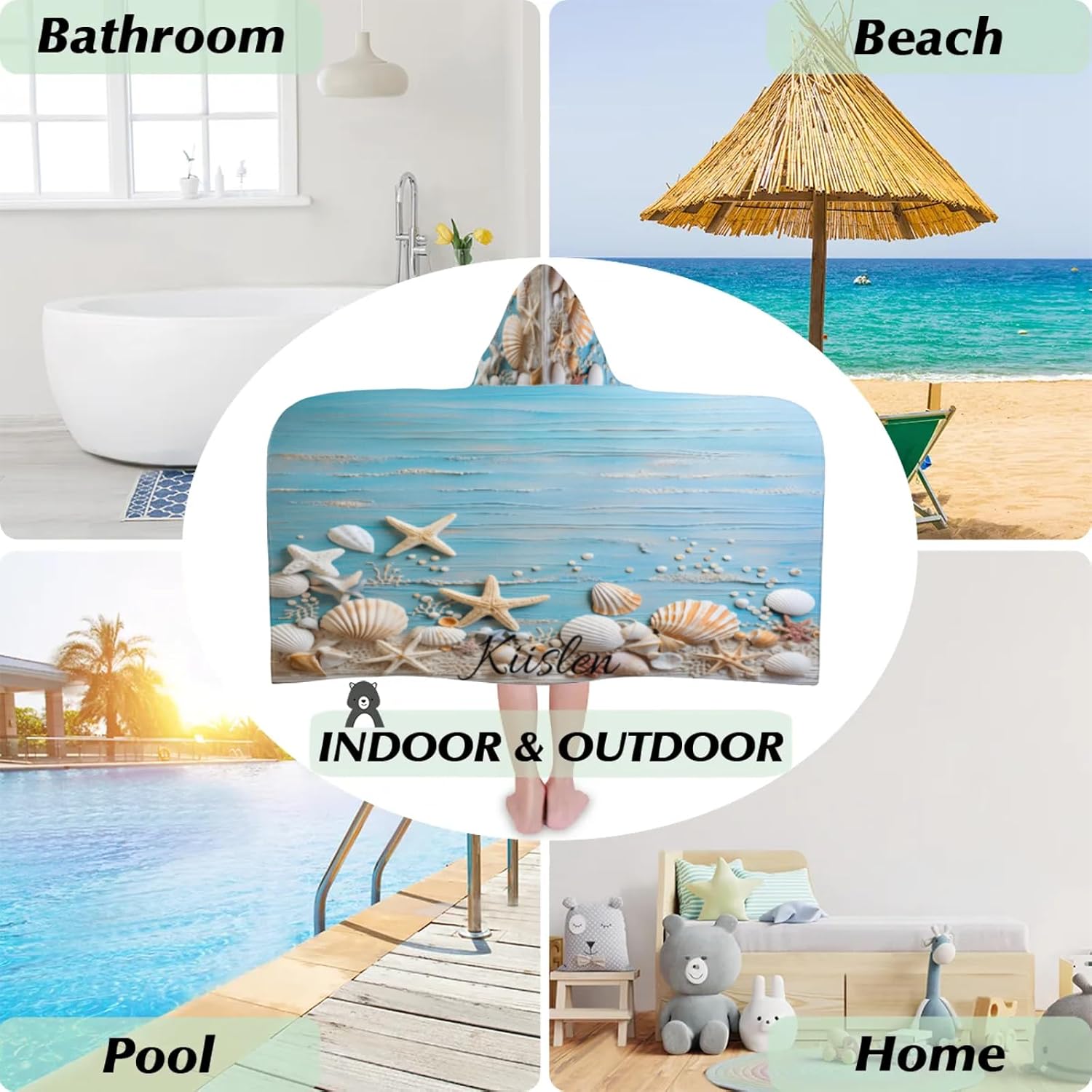 Personalized Kids Bath Towel with Name Super Soft Absorbent Custom Hooded Bath Towel Quick Dry Toddler Shower Pool Beach Towel for Beach Bath Swim Pool 24x50 Inch(Seashells)