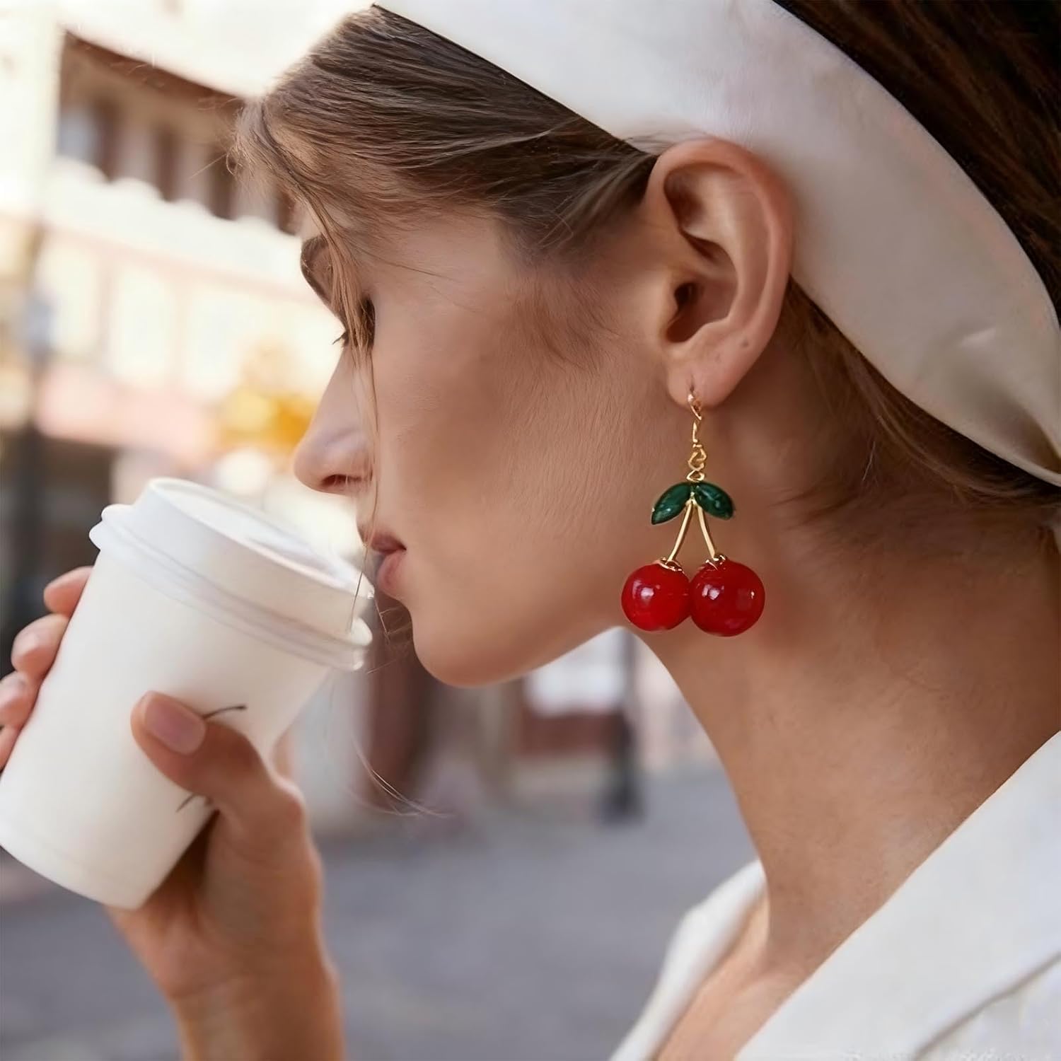 Boho Large Cherry Dangle Earrings Red Cherry Drop Earrings Red Crystal Cherries Earring 3D Fruit Statement Earring Acrylic Cherries Hook Jewelry for Women - Image 5