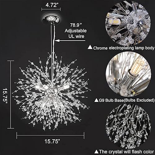 Miniatura 13 de Candelabro cromado de cristal, fuegos artificiales, moderno, Sputnik, diente de león, lámpara colgante de techo para comedor, sala de estar