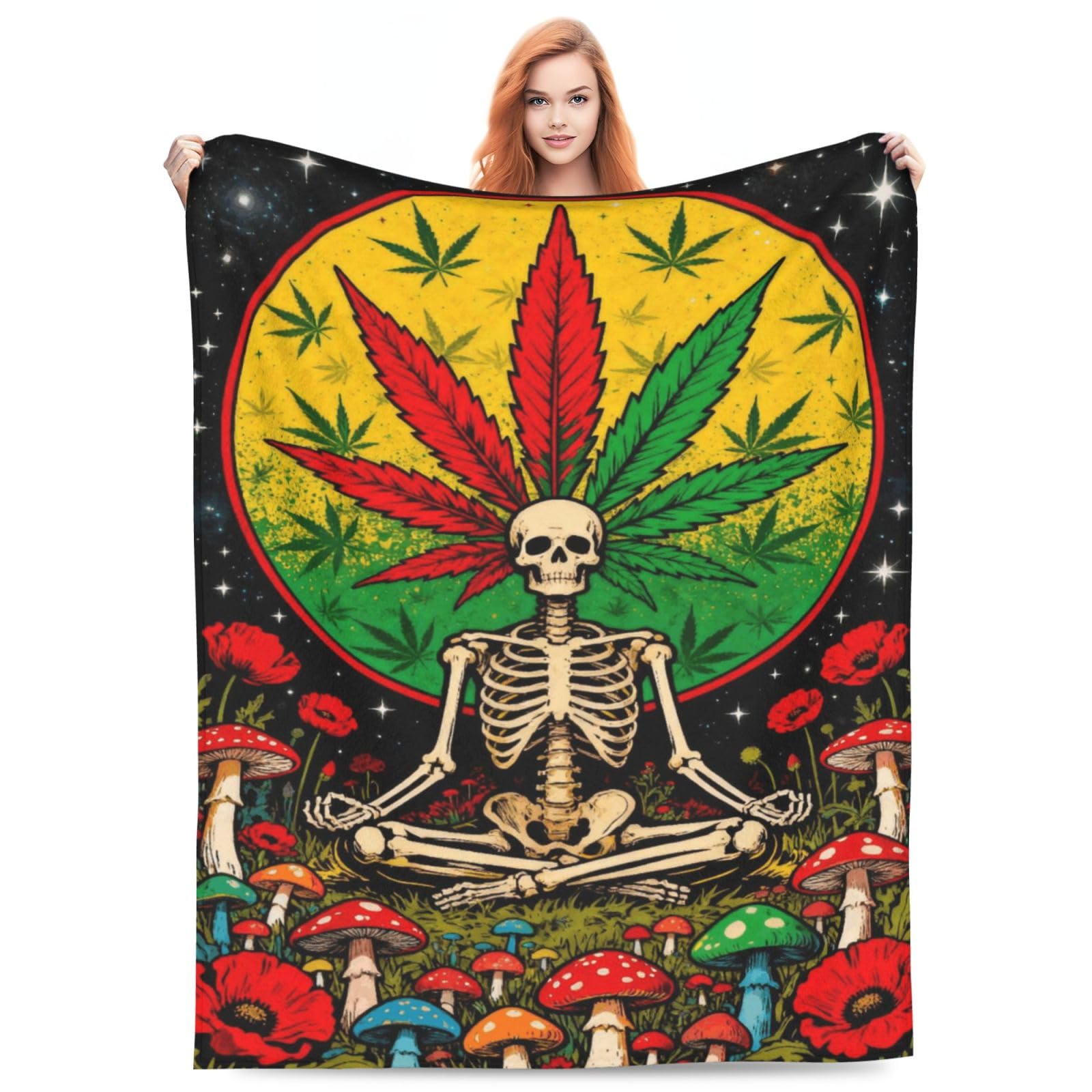 Psychedelic Mushroom Skeleton Rasta Leaf Throw Blankets Flannel Fleece Bed Blanket Home Decor for Sofa Travel Bedroom 50"x40"