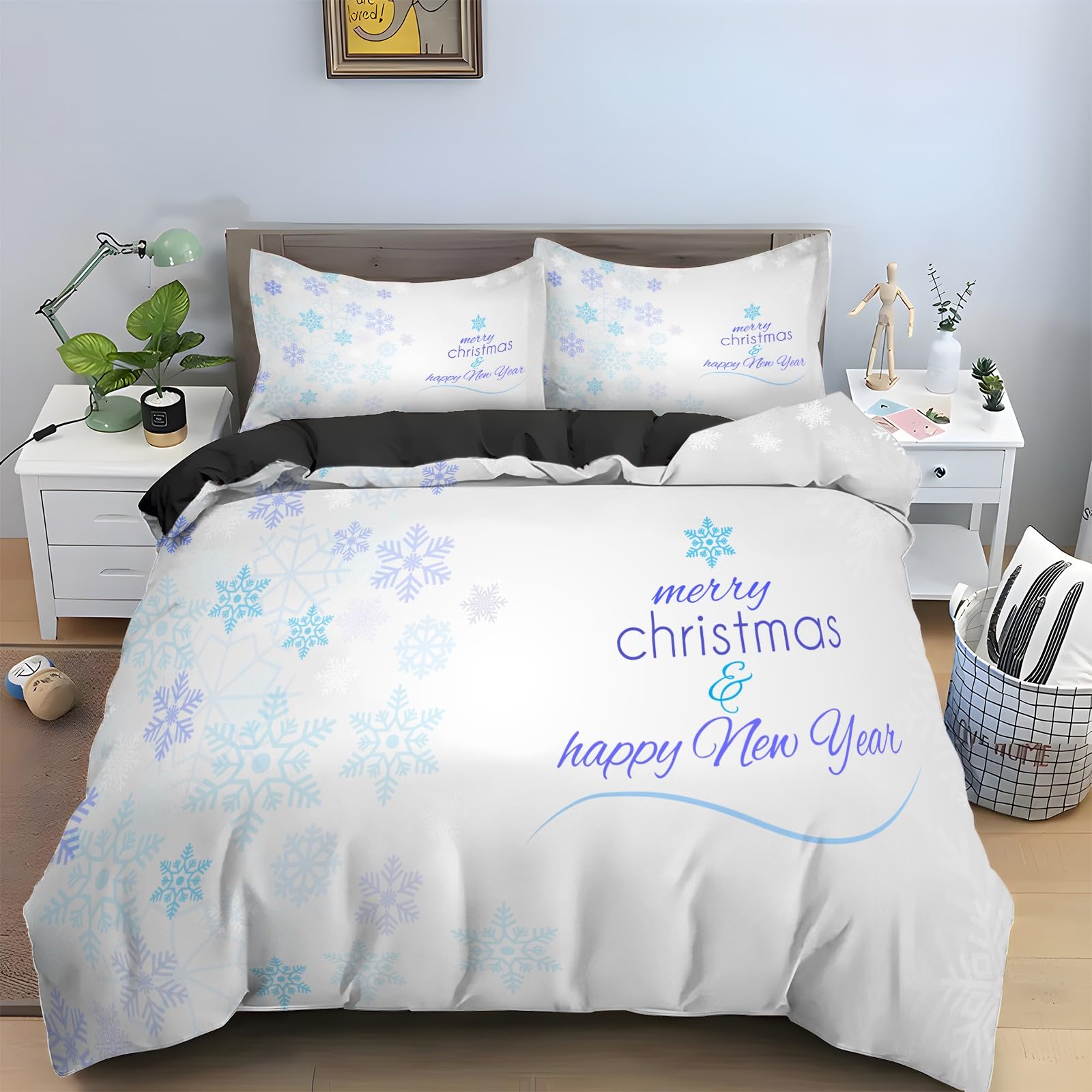 Housse de couette 200x200 flocon de neige parure de lit décoration nouvel an 3 pièces