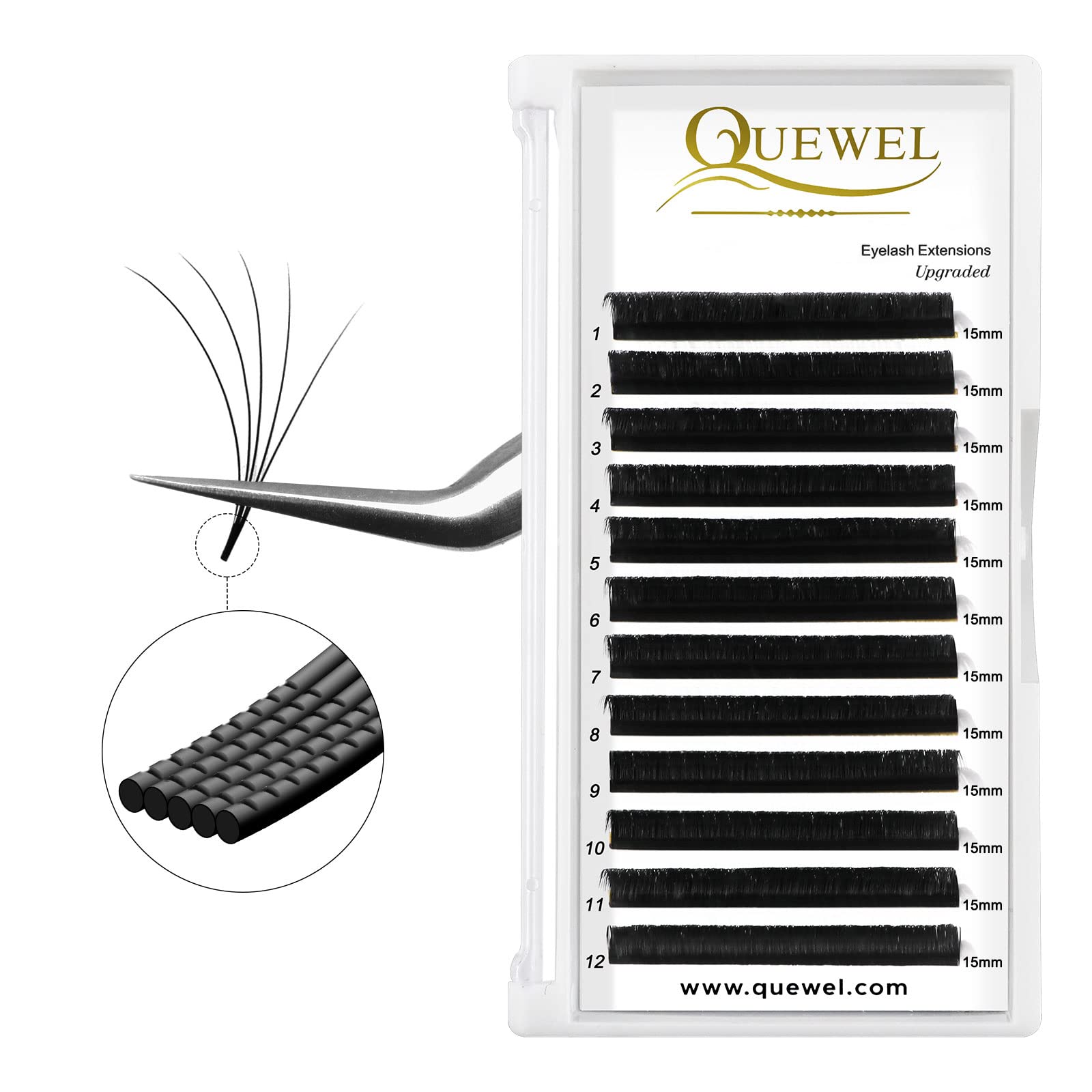 QUEWEL Volume Lash Extensions 0.07 C Curl 15mm Premium Root Lashes Extension 0.03/0.05 Easy Fan Volume Lashes C D Curl 11-18mm Length Longer Retention Lightweight Lash Extensions(0.07C 15mm)
