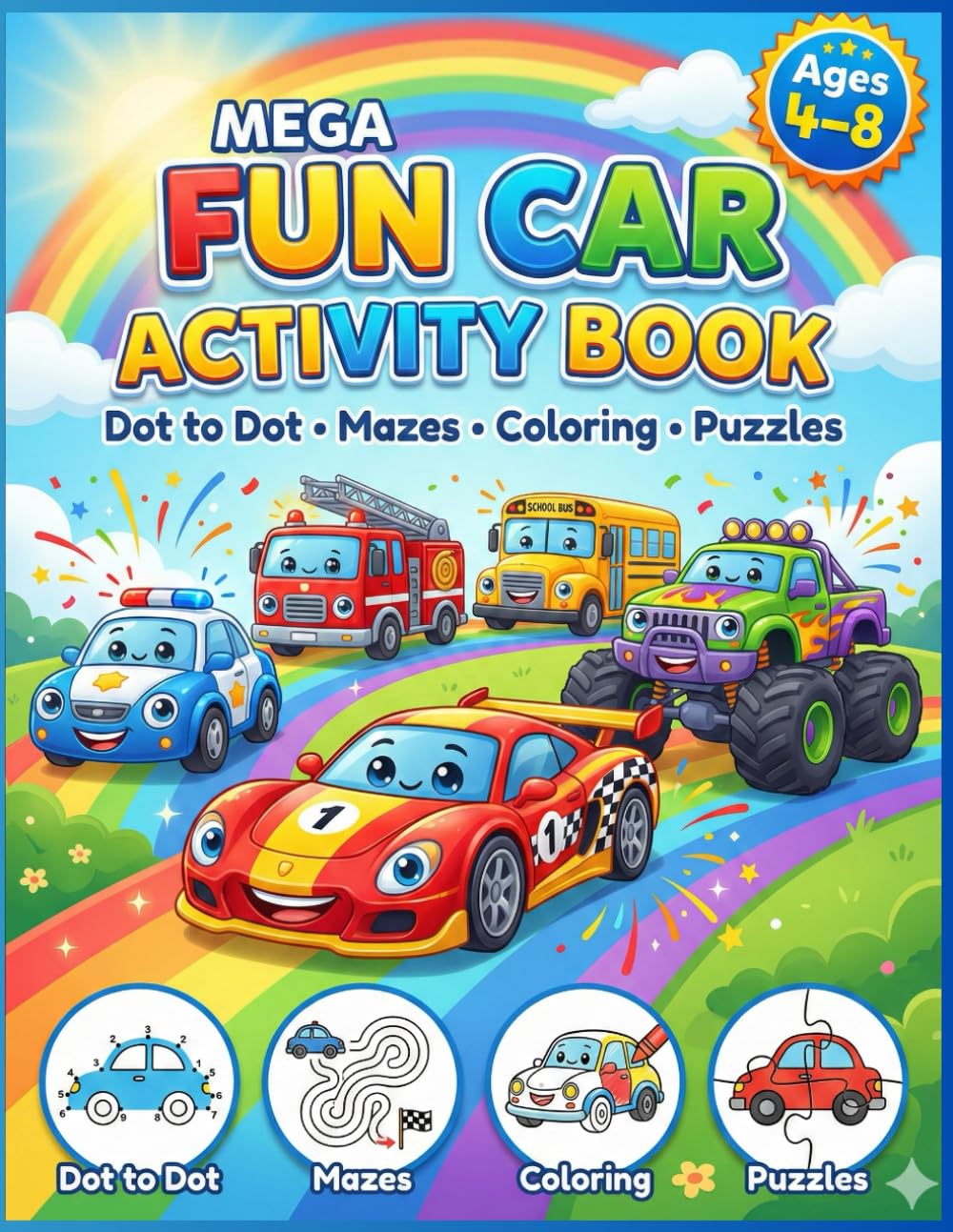 Vehicle Activity Book for Kids: Fun Cars, Trucks, Trains & Airplanes with Coloring, Mazes, Dot to Dot and Puzzles for Boys & Girls