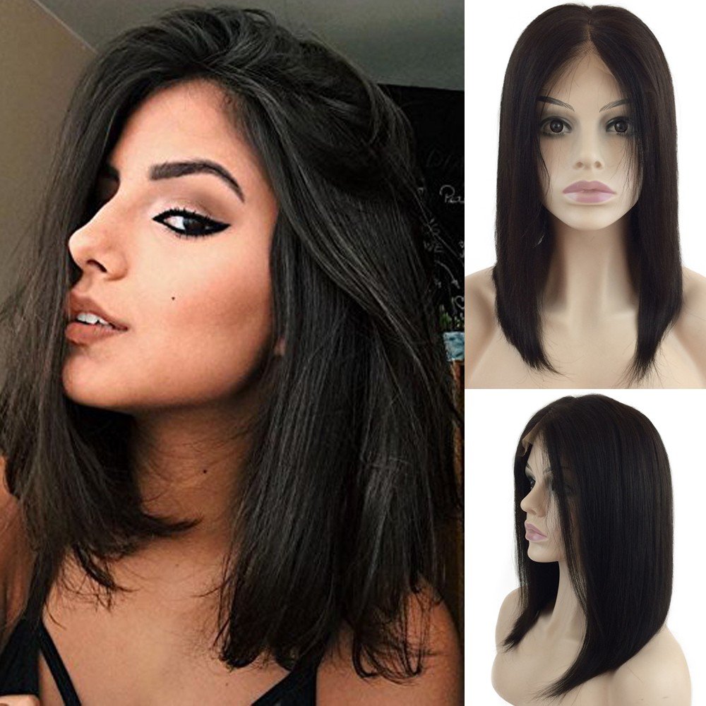 S-noilite Glueless Lace Front Bob Wigs 100% Brazilian Remy Human Hair Medium Short Straight Pre Plucked Wig Natural with Baby Hair for Women 130% Density(1B Black,12inch,Middle Part)
