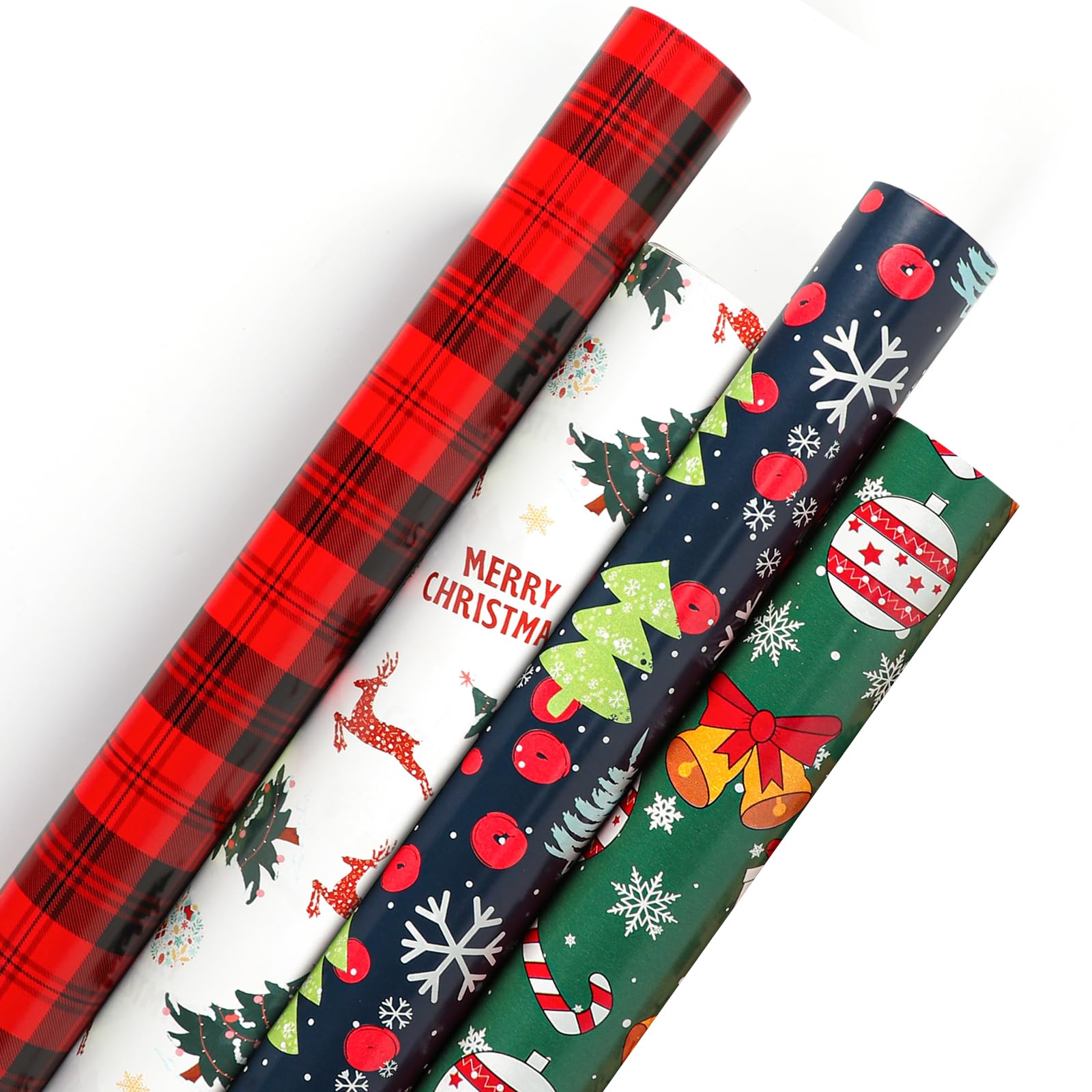 JinhzWinChristmas Wrapping Papers Rolls (4 Rolls:164 sq. ft. ttl.) Large Roll Holiday Gift Wrap Paper(30 Inch X 787 Inch) with Red & Black Plaid, Snowflakes, Reindeer, Candy, Xmas Bells & Ball Design
