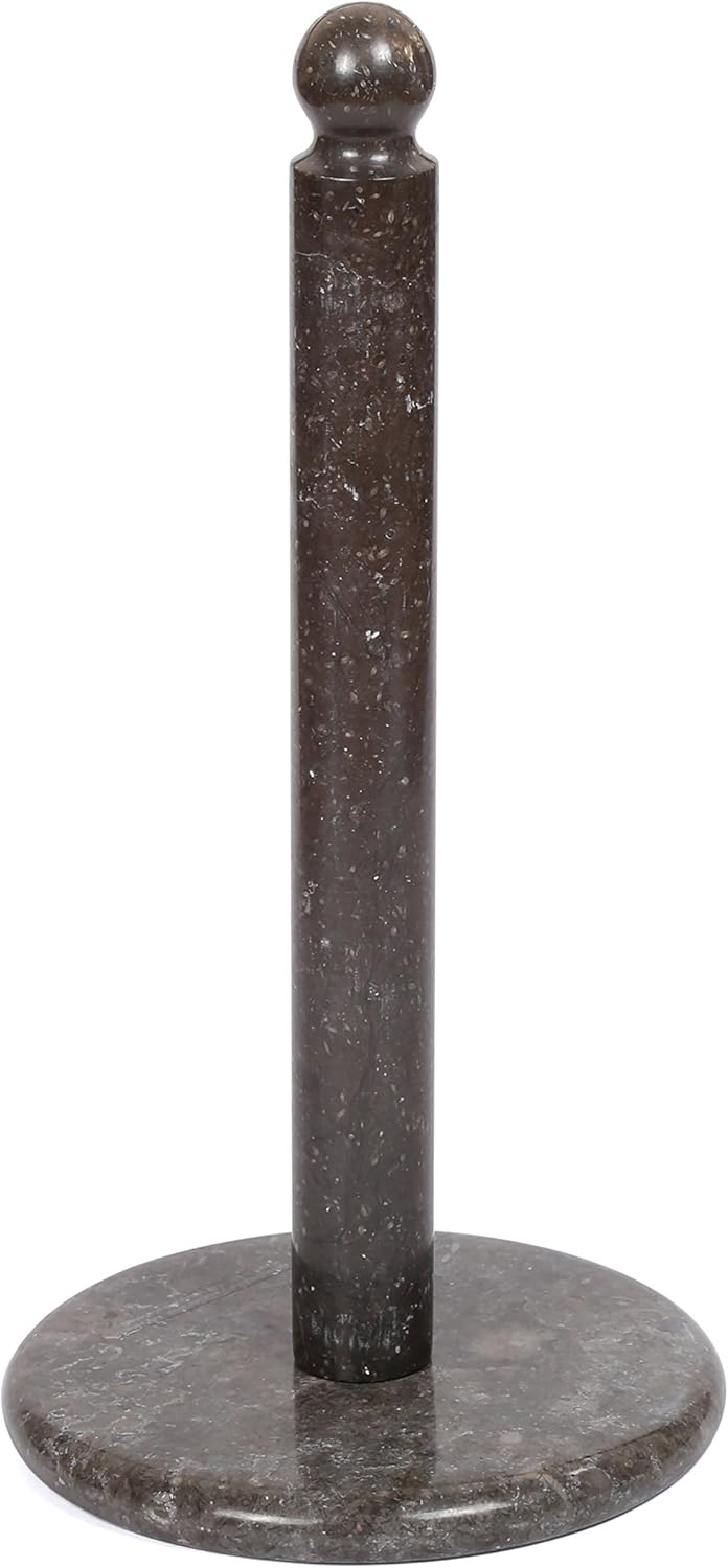 Heavy Natural Stone Paper Towel Holder – Handcrafted from Solid Indonesian Marble, Non-Tip Weighted Base, One-Hand Tear Design, 12” Tall, Black
