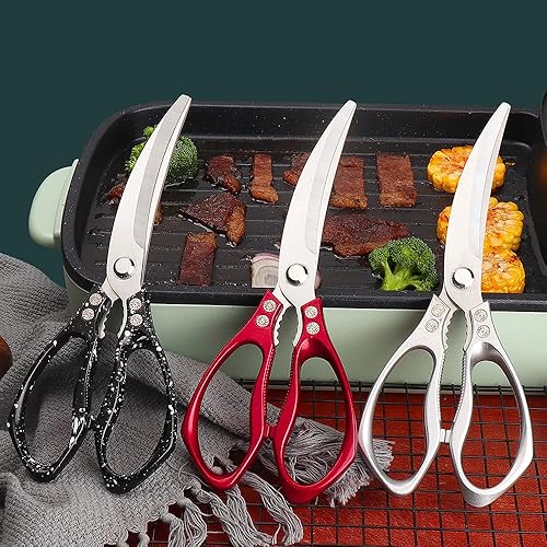 Miniatura 9 de Jasni Tijeras de cocina potentes con patrón de pescado, resistentes multiusos, revestimiento de titanio, tijeras de acero inoxidable forjado,