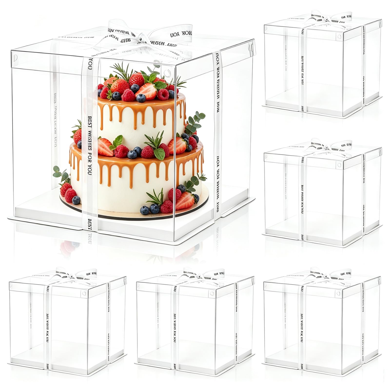 Photo 1 of Cididu 6 Pcs Clear Cake Box with Ribbon 2-Layer 10x10x10 Inch, Transparent Cake Carrier Box with Lids, PET Tall Cake Packaging Boxes, Clear Gift Boxes for Mother's Day Birthday Wedding Festival Party
