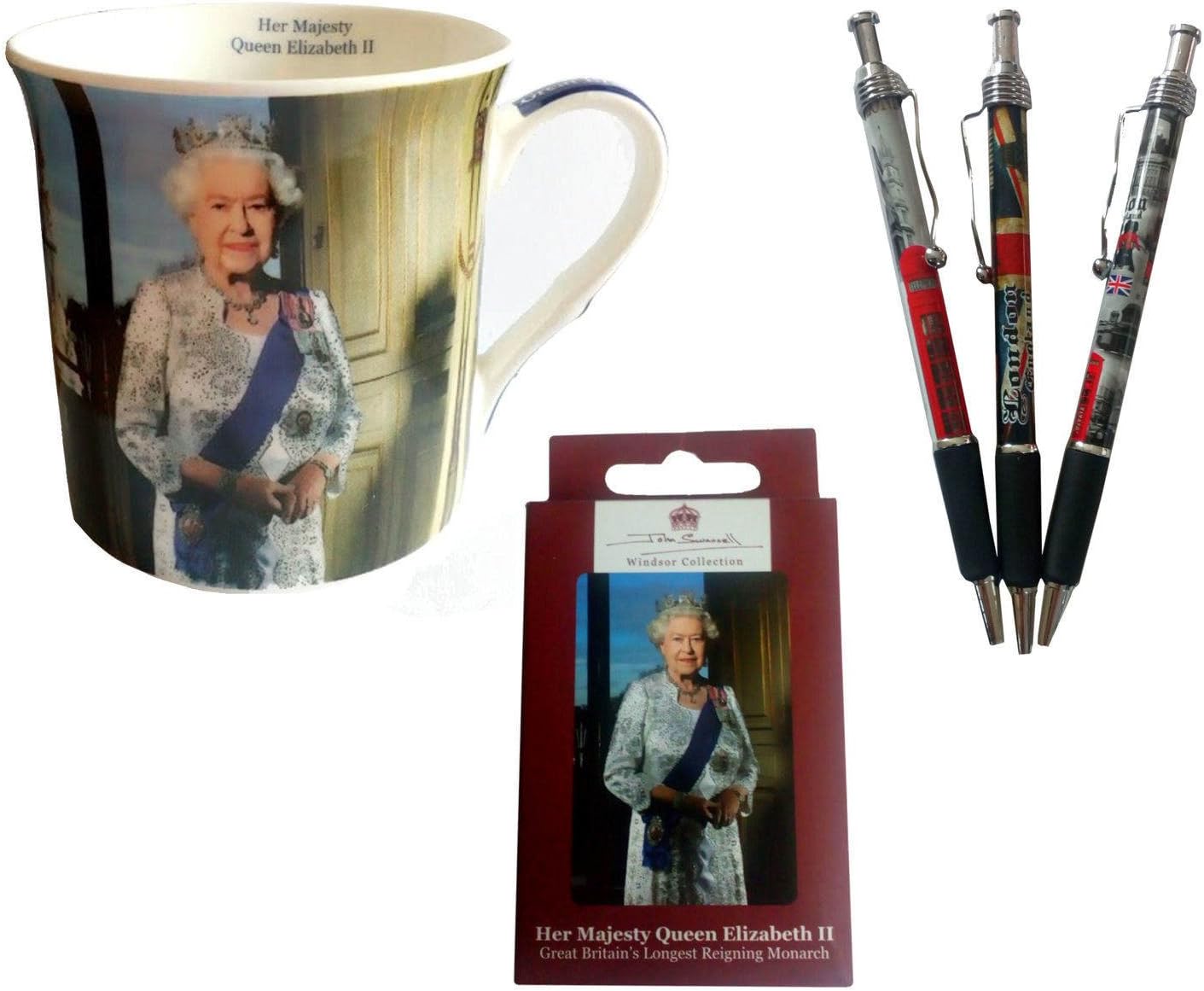 Queen Elizabeth 11 Mug+Playing Cards+3 London Union Jack Bus Guard Post Box Pens