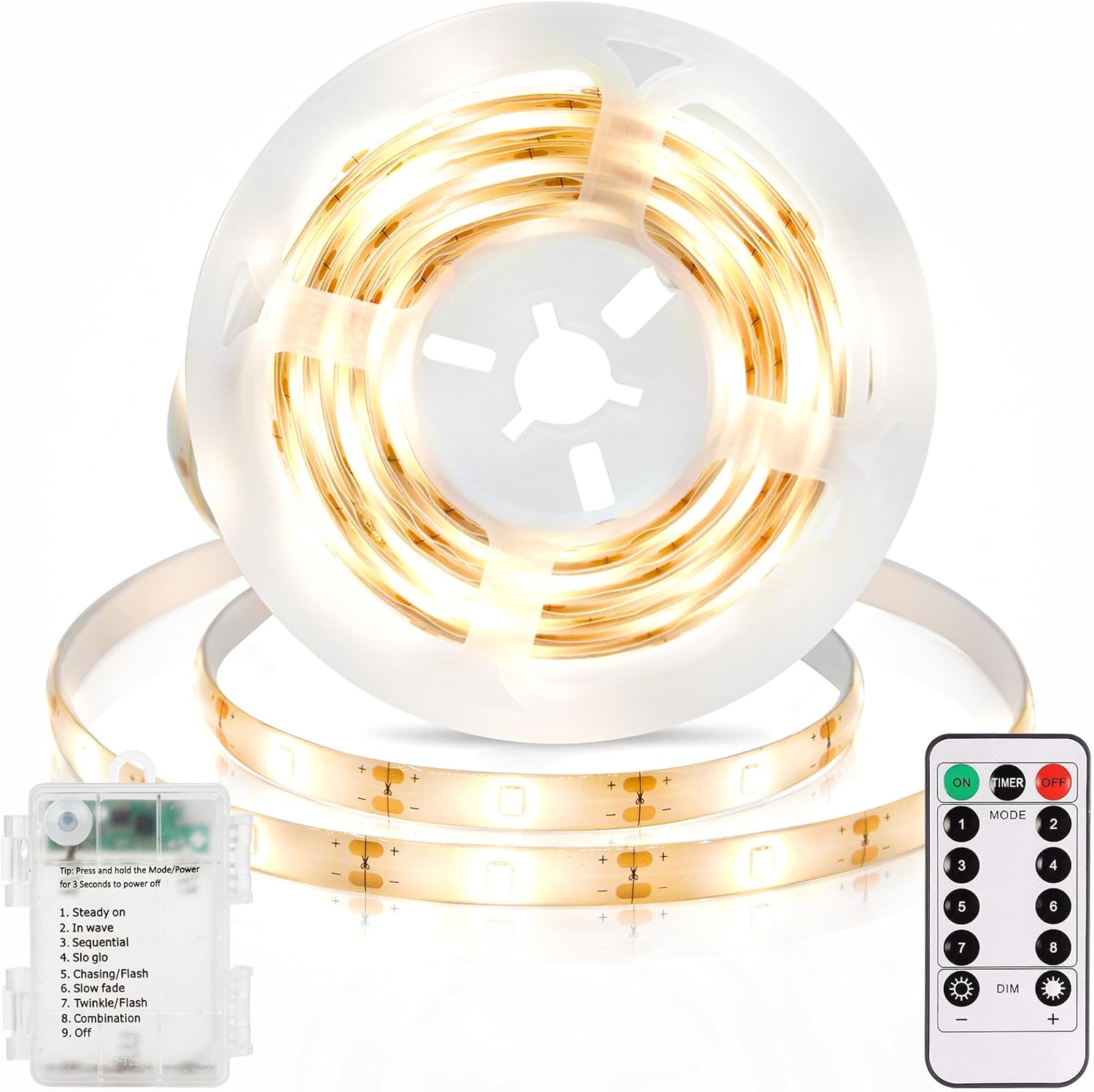 echosari 3.3FT Strip Lights Battery Operated, 2700K Tape Light with Self-Adhesive Timer Dimmable Cuttable Remote Control for Indoor Stairs Cabinets Shelves TV Home Decor (Warm White)