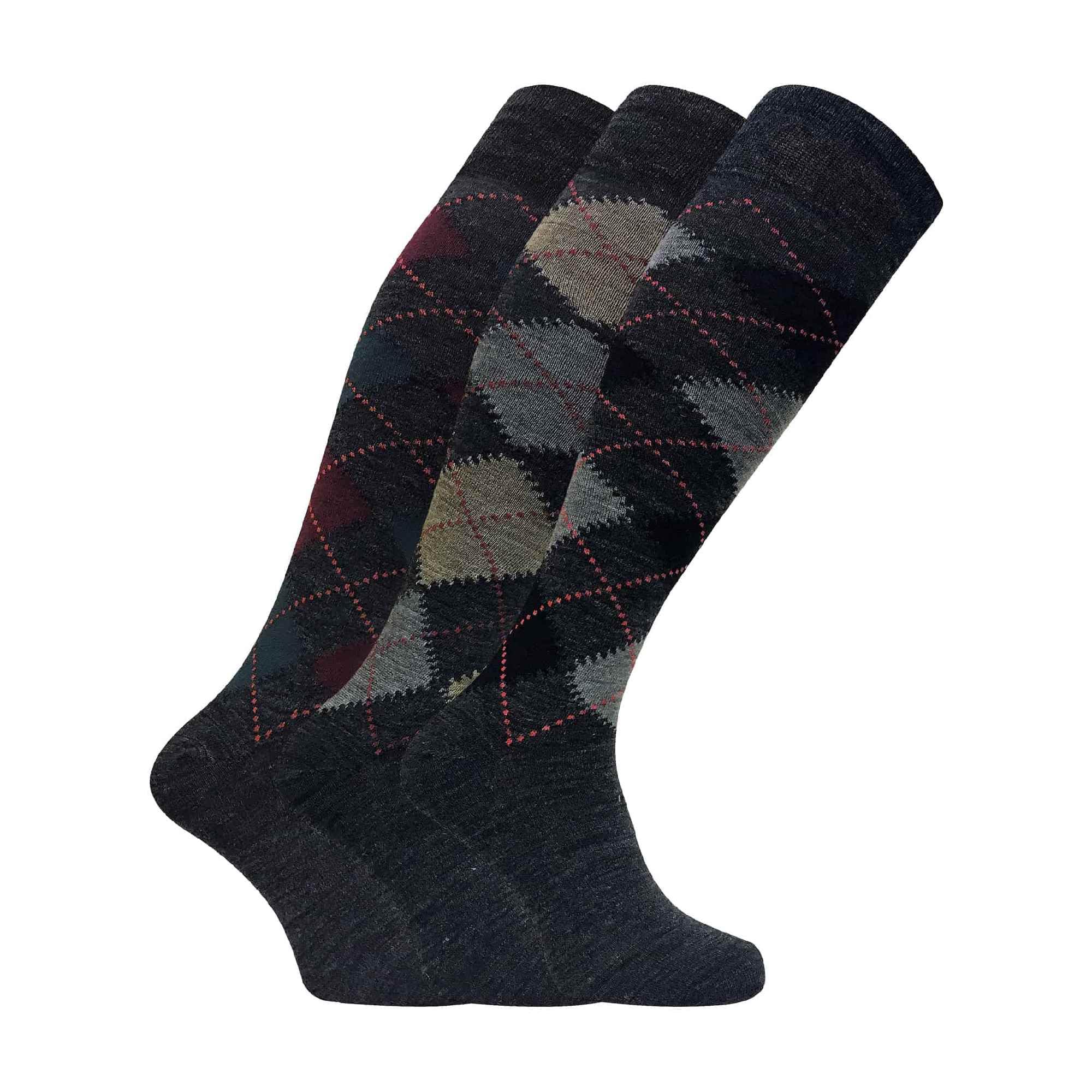 Sock Snob Men's Ellw Grey - 3 Pairs Extra Long Knee High Argyle Lambs Wool Dress Socks In Brown Or Grey (6-11 Uk, )