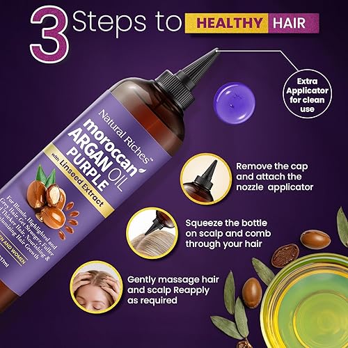 Miniatura 8 de Natural Riches Aceite de argán marroquí morado para cabello con extracto de linaza, fórmula anti-latón para cabello rubio, plateado, platino y gris
