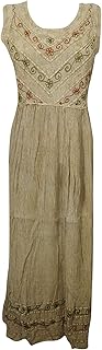 Mogul Interior Women's Maxi Dress Brown Floral Embroidered Stonewashed Long Dresses S/M