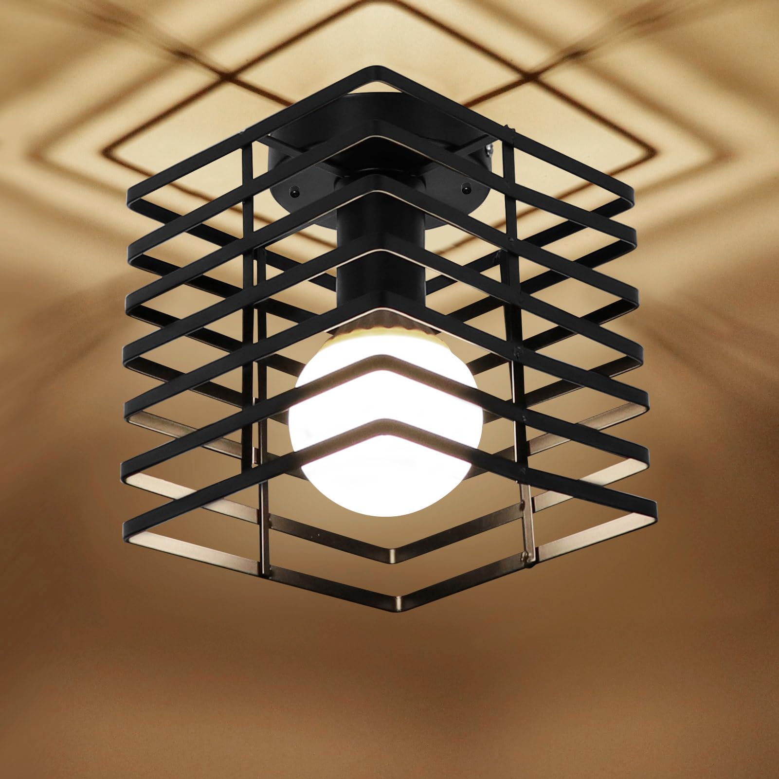 Kawell Industrial Close to Ceiling Light Fixture Black Retro Ceiling Light Flush Mount Indoor Ceiling Chandelier Light Hardwired for Hallway Living Room Bedroom Kitchen Farmhouse, Square