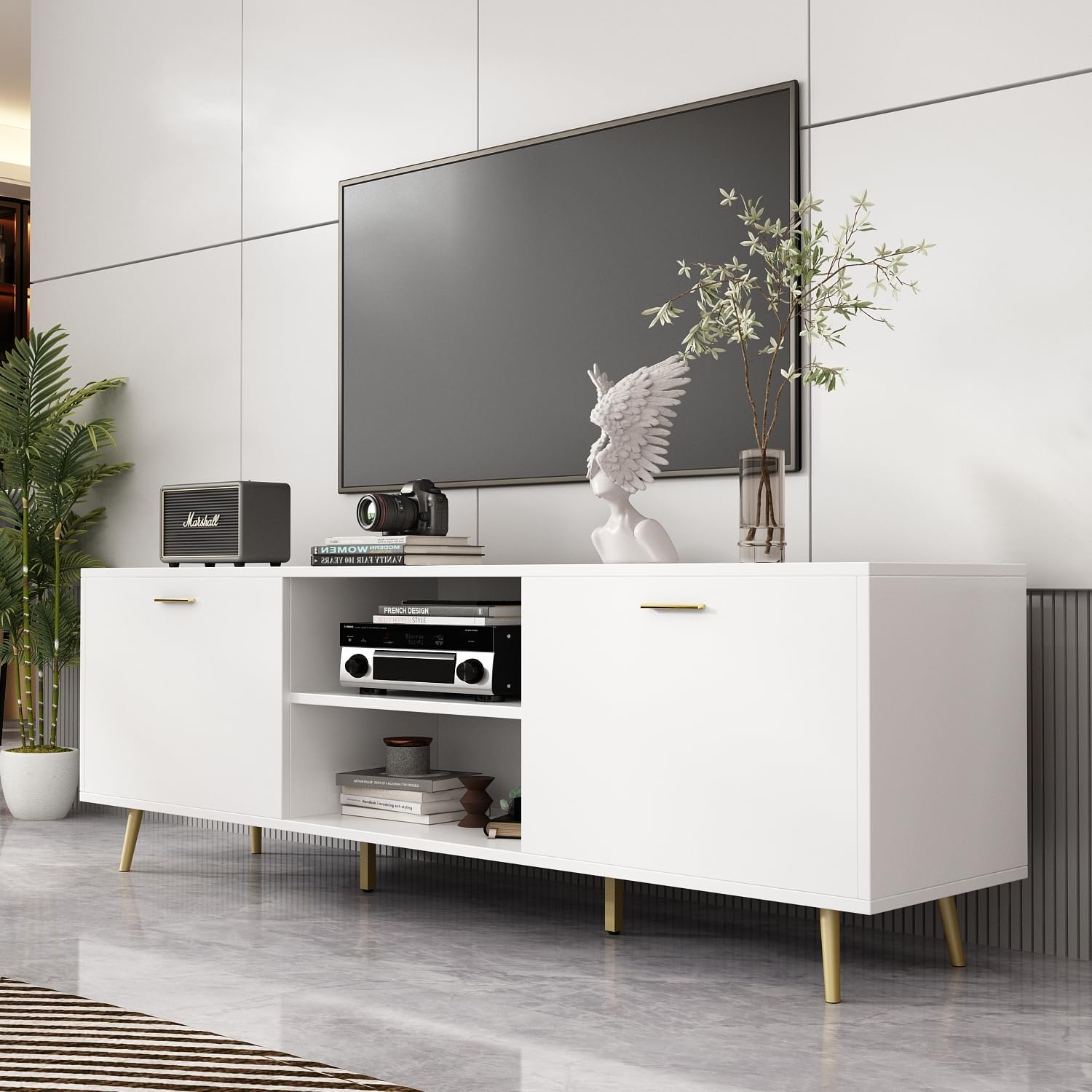 WOODTIME TV Stand for TVs up to 75 Inch, Wood Entertainment Center with Storage Cabinet & Cord Management, Media TV Console Table with Metal Legs for Living Room, Bedroom, White