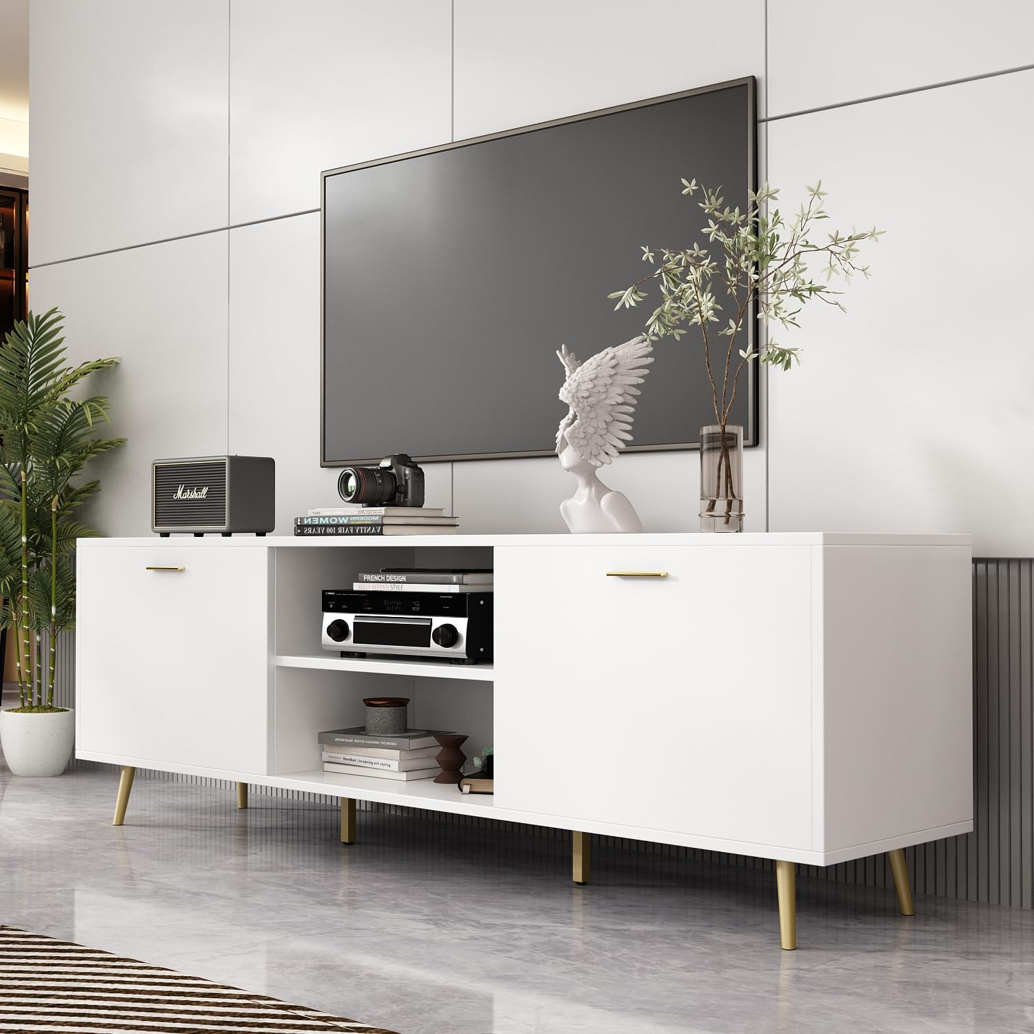 WOODTIME TV Stand for TVs up to 75 Inch, Wood Entertainment Center with Storage Cabinet & Cord Management, Media TV Console Table with Metal Legs for Living Room, Bedroom, White