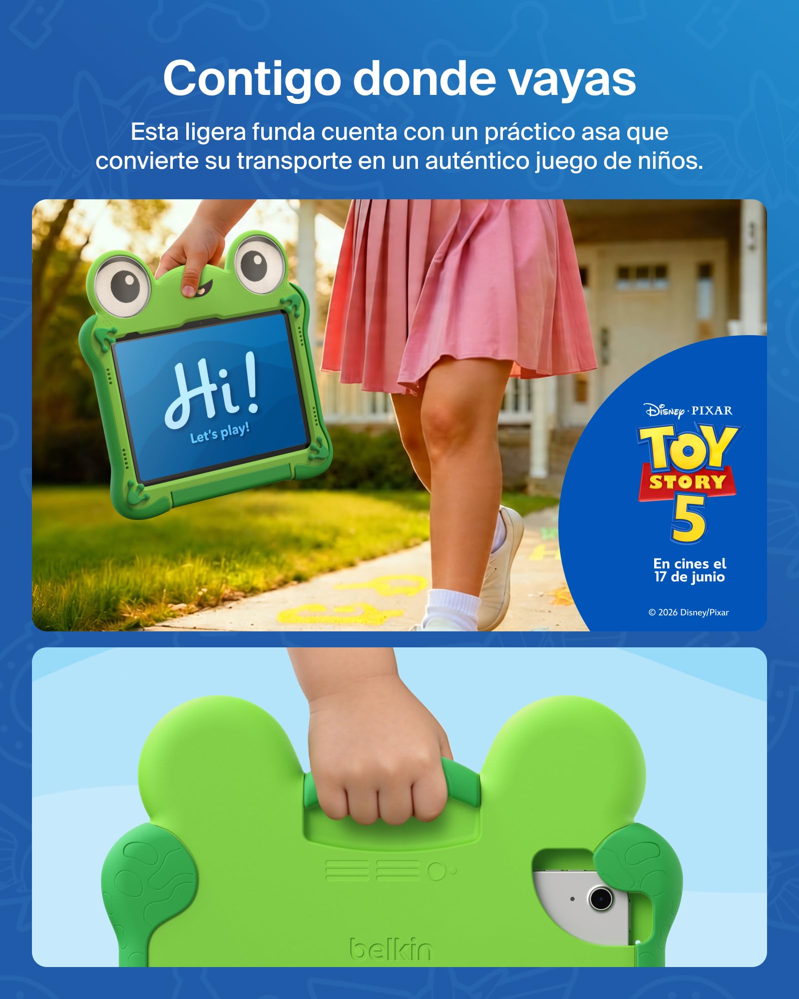 Belkin Disney y Pixar Toy Story 5 Funda Inspirada en Lilypad, Funda iPad A16 11.ª Gen 2025 11" y 10. ª Gen 2022 10,9" No Tóxica, Antigolpes con Asa y Soporte, Carcasa Protectora Trasera Resistente
