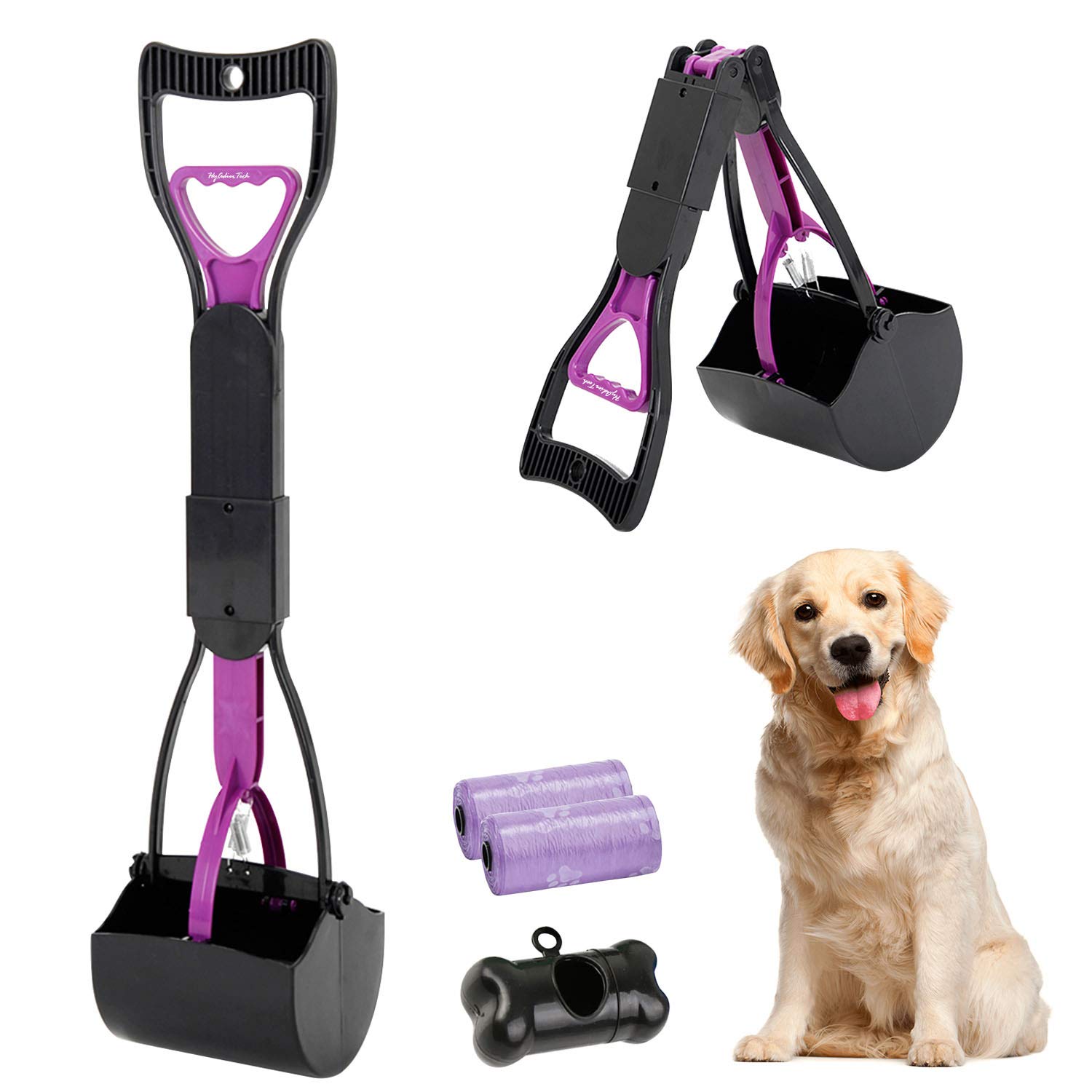 HyAdierTechLong Handle Pet Pooper Scooper, 24 Inch Folding Portable Solid Serrated Teeth Cleaning Pick Up Litter Grabber Remover Tools for Outdoor/Indoor Cat and Dog Animal Waste