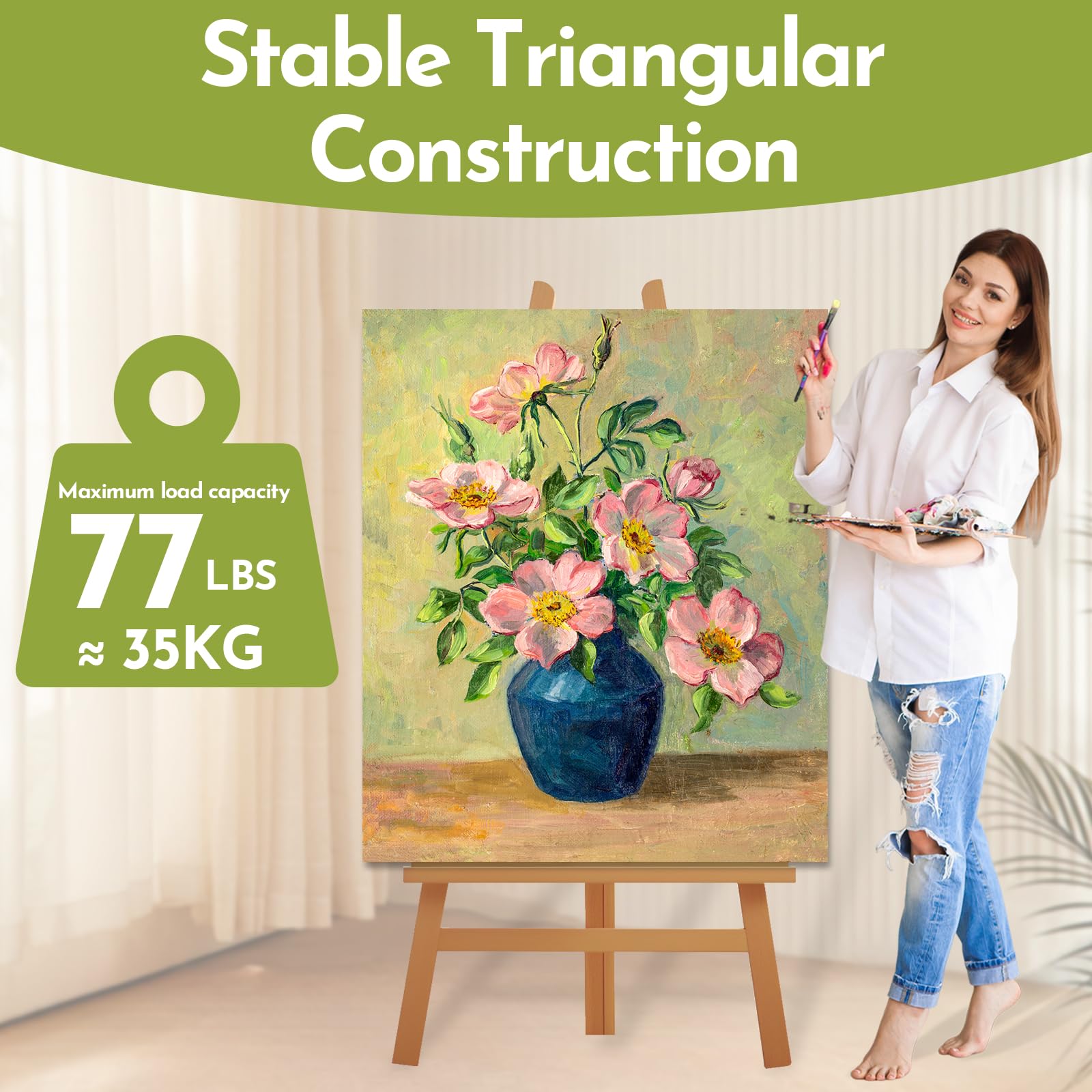 CONDA Cavalletto regolabile in legno per esposizione, cavalletto in legno di faggio con telaio ad A, può contenere tele fino a 152,4 cm, cavalletto inclinabile da pavimento per esposizione, pittura,