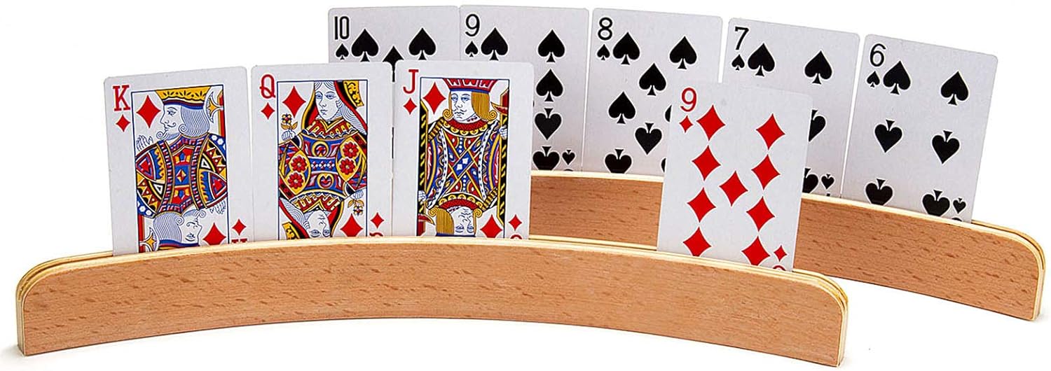 AMEROUS Wooden Playing Card Holders for Kids Seniors Adults, Long Enough Curved Wood Tray Rack Organizer for Card Game (Set of 4)