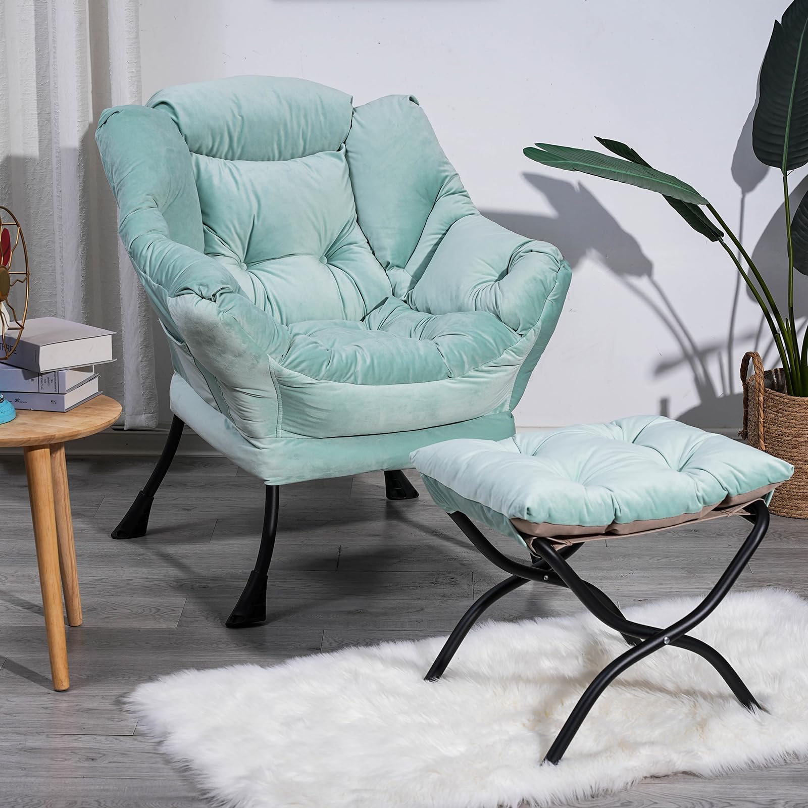 Lazy Chair with Ottoman, Modern Accent Reading Chair with Ottoman, Leisure Sofa Chair Set, Indoor Lounge Chair for Adults with Armrests and a Side Pocket, Green