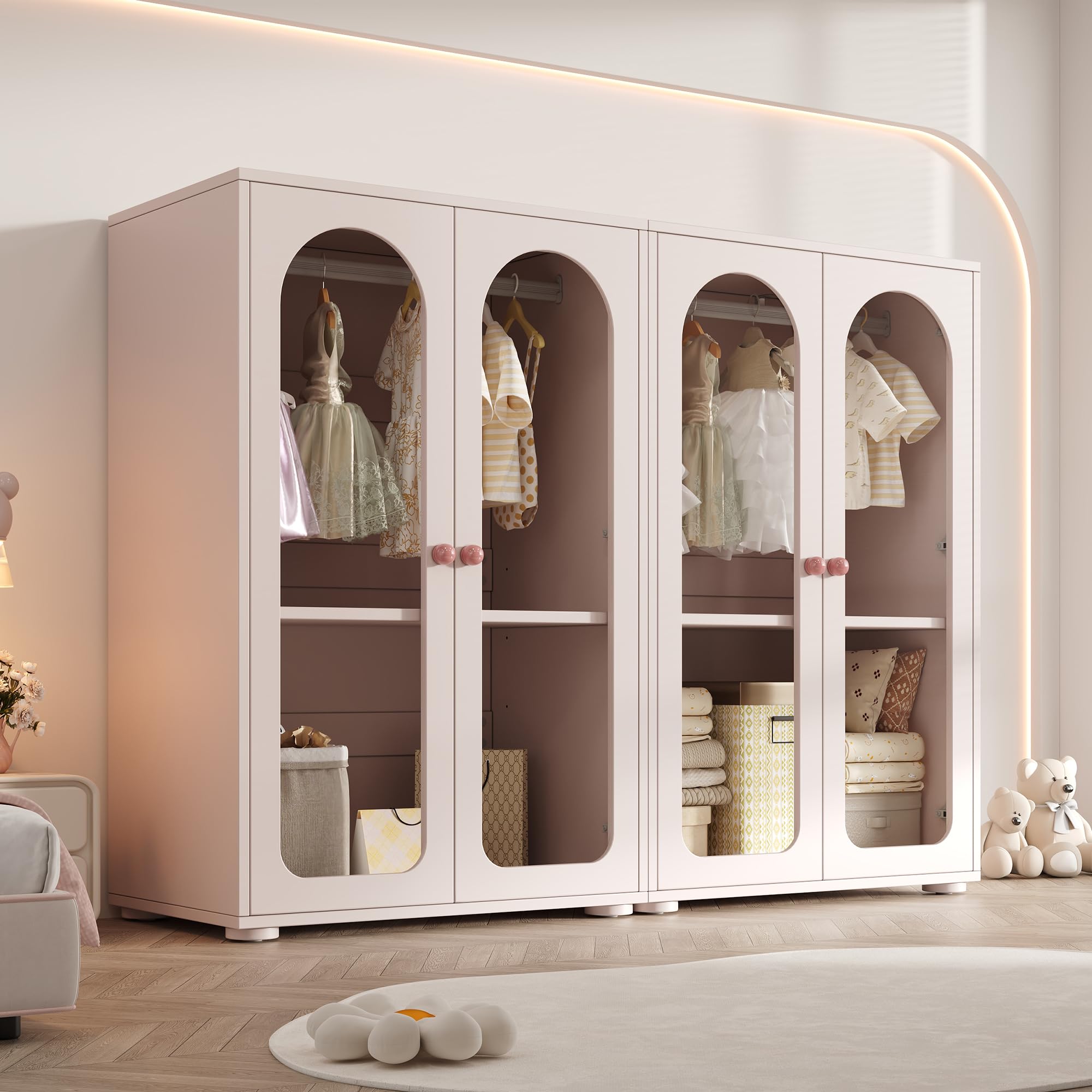 Juego de 2 armarios lacados, color rosa bebé, con barra para colgar, puertas transparentes acrílicas, tiradores de cerámica, armario para niños, armario de almacenamiento para dormitorio