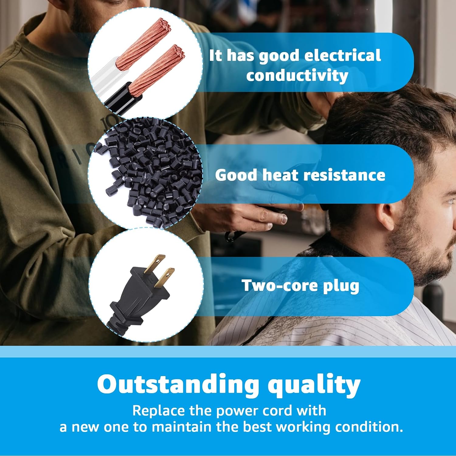 Replacement Power Cord for Andis Master Clipper- 2-Wire 8FT Professional Barber Cord for ML01557 Improved Master, ML01750 Phat Master, ML01690 Fade Master, ML01795 Black Master Clippers