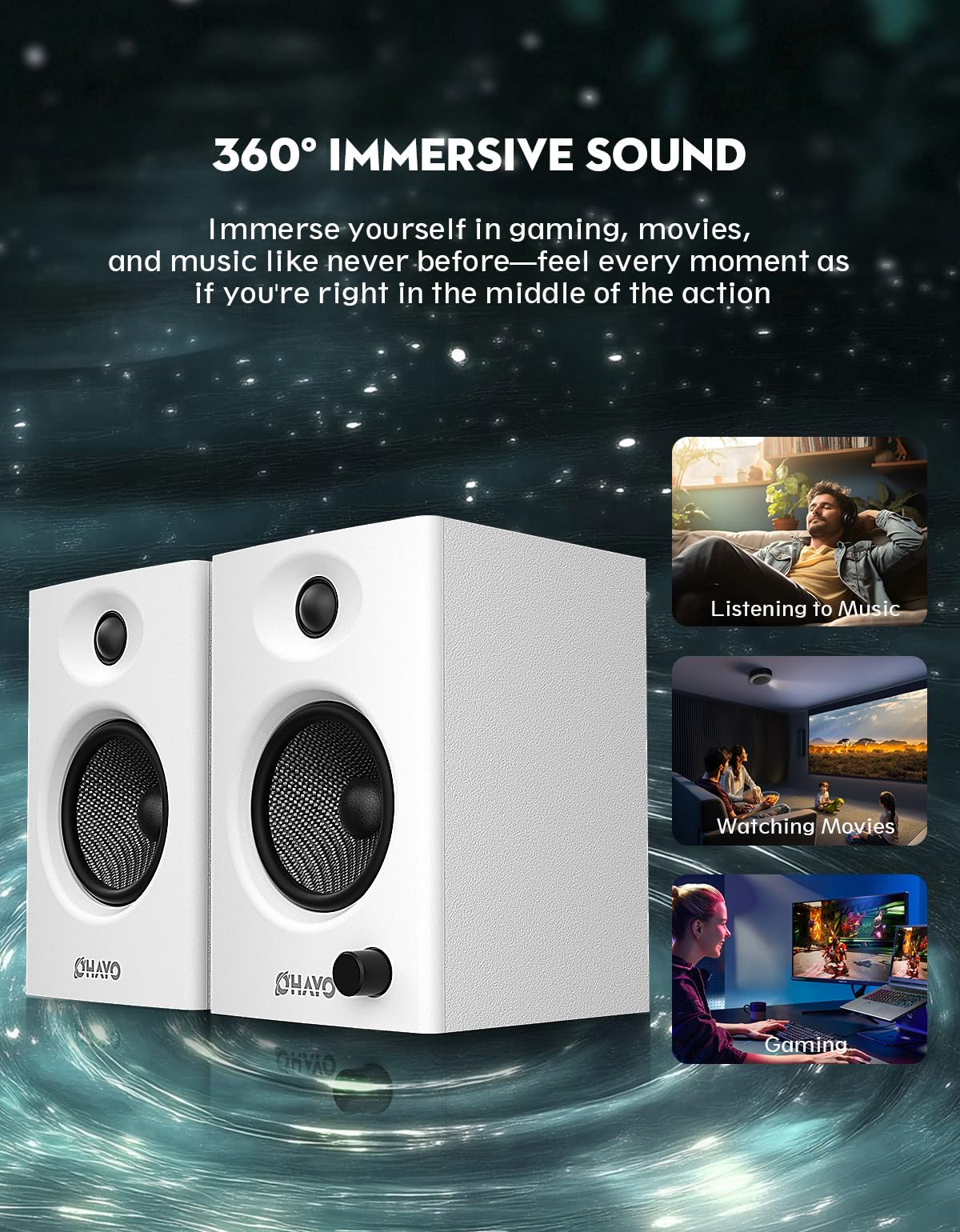 OHAYO 60W Aktive PC-Lautsprecher, Bluetooth 5.3 & USB-C/RCA/AUX Regallautsprecher für Gaming & Musik - Stereo 2.0 Lautsprecher Set, 1Paar (1 aktiver & 1 passiver)