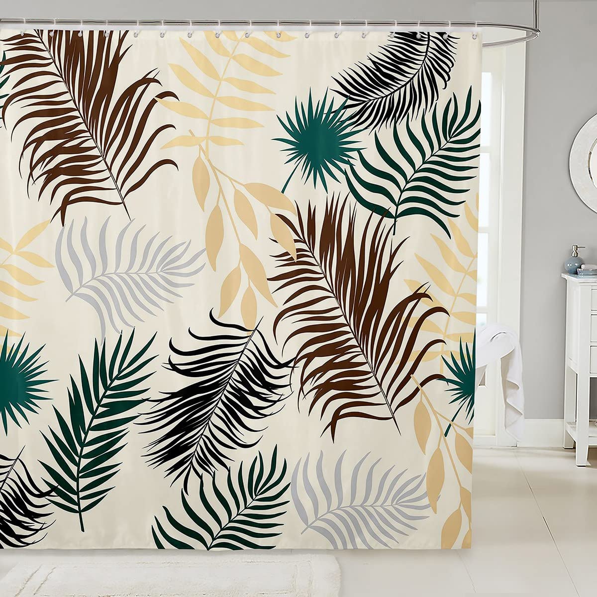 Tropical Leaves Shower Curtain Palm Leaf Shower Curtain Botanical Plants Bath Curtain with Hooks for Boys Girls Kids Colorful Leaf Branches Waterproof Fabric Bathroom 72x78 Inch