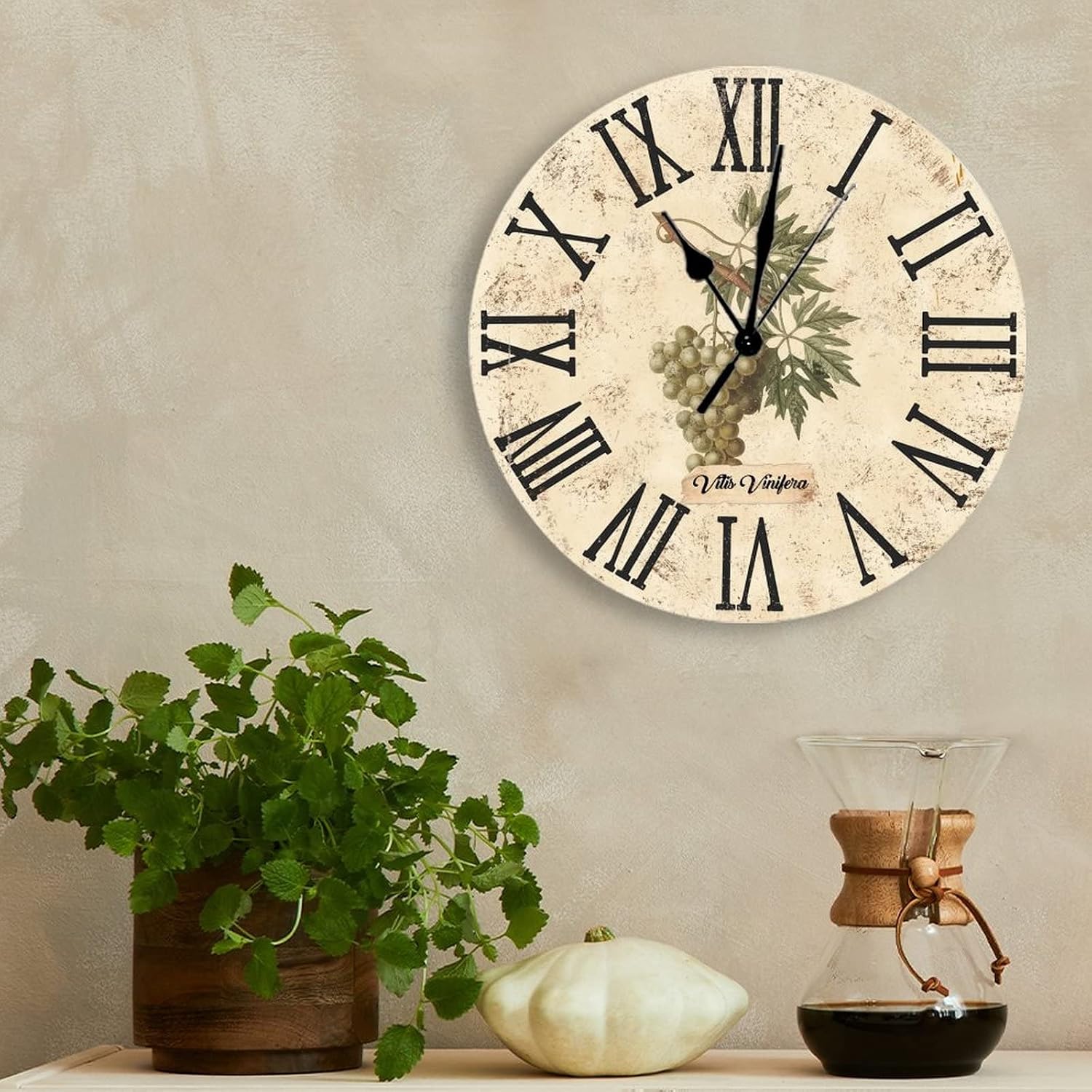 Grape Wine Clock French Retro Kitchen Wall Clock Wine Grapes Wooden Wall Clocks Battery Operated 15 Inch Silent Roman Numerals Shabby Chic Wall Decor Home Decor for Bedroom Living Room Office