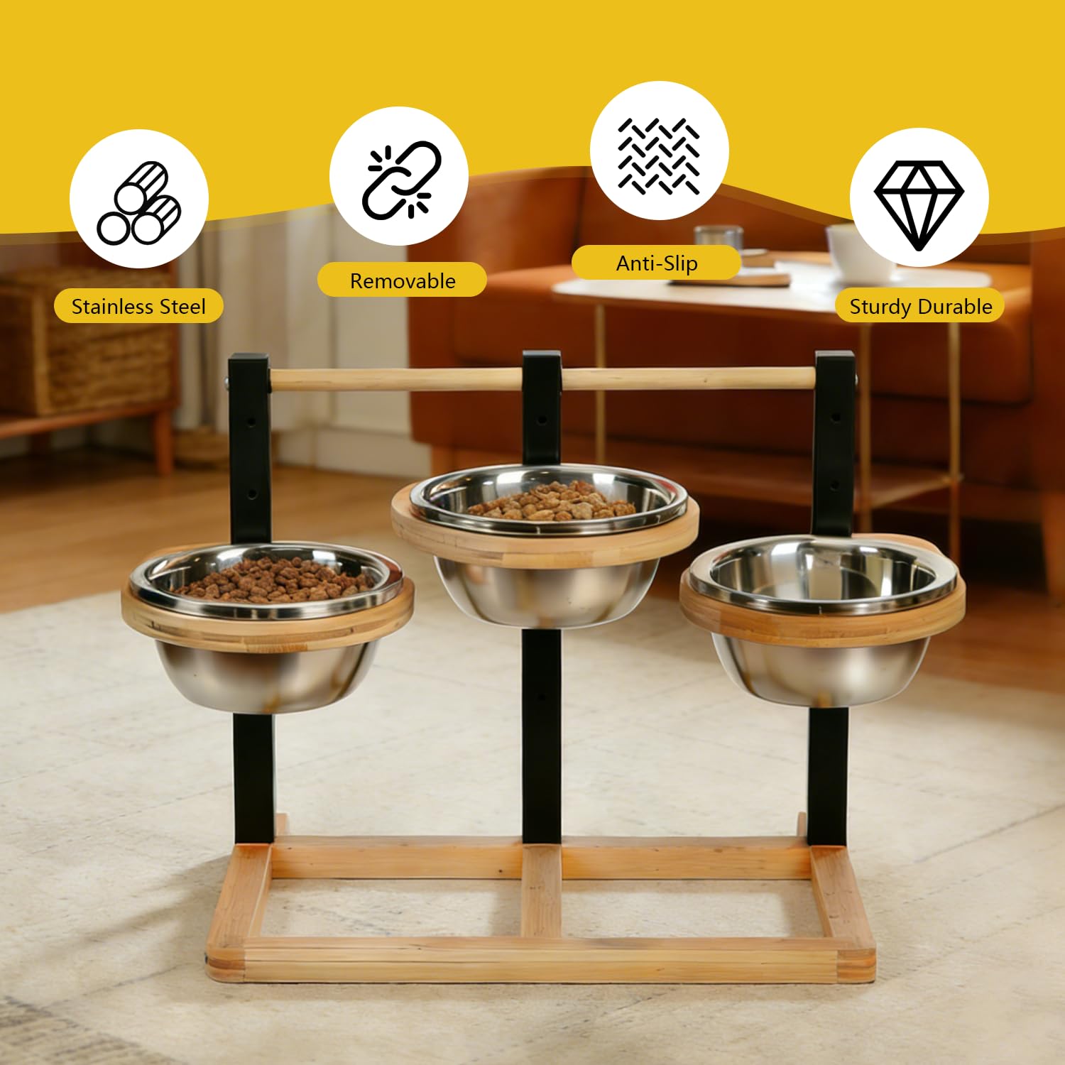Comedero para perros elevado para perros, altura ajustable de madera, comedero para perros con 3 cuencos de acero inoxidable y alfombrilla a prueba de fugas, comedero mediano para perros grandes