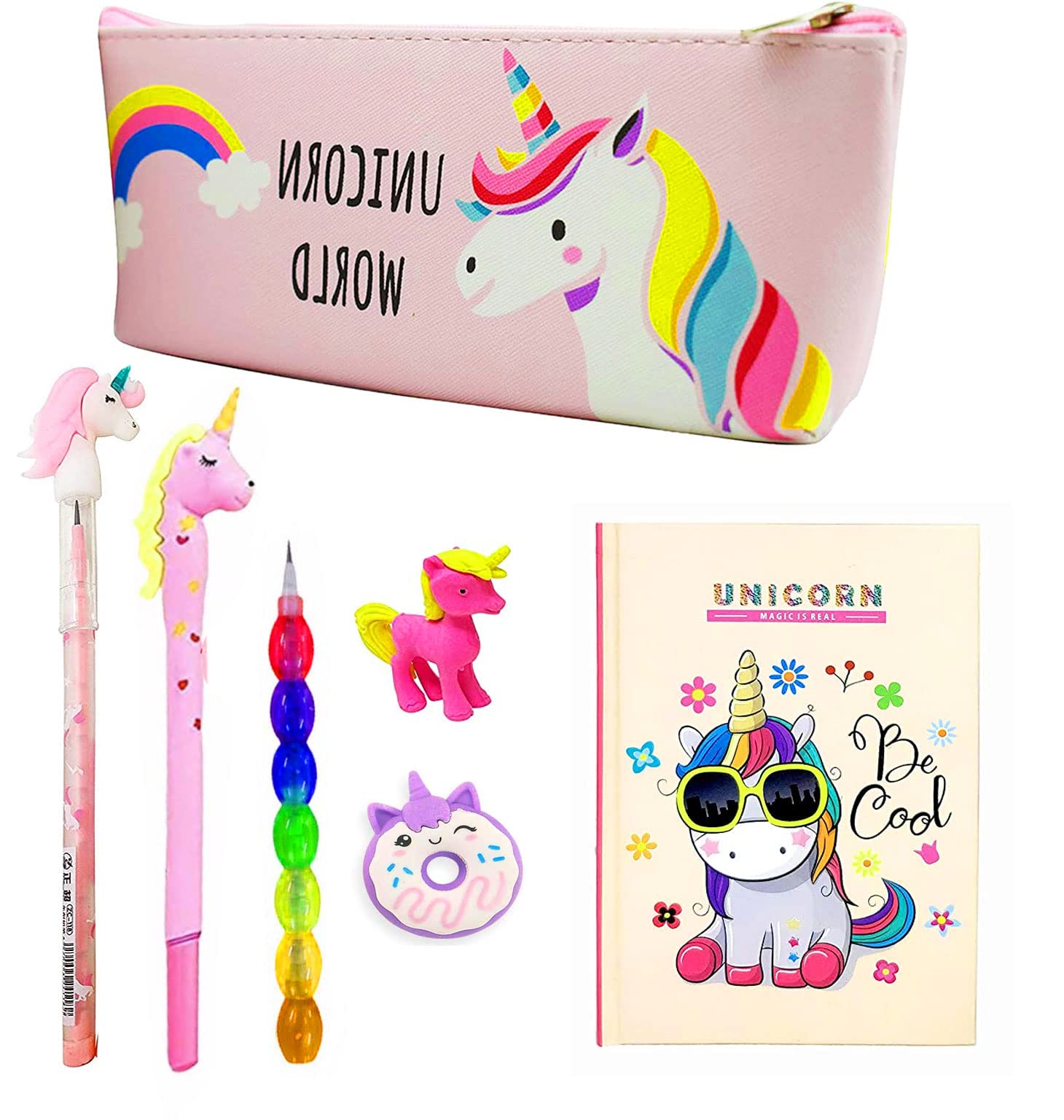 KOBBET® Unicorn Gift Pack of 7 in 1 for Girls - Pouch, Notebook, Gel Pen, Stacking Pencil, Stone Pencil, Unicorn Eraser and Donut Eraser - Random Unicorn Stationery Sets Return Gift Set, Multicolor (B09X35QBC9) Amazon Price History, Amazon Price Tracker