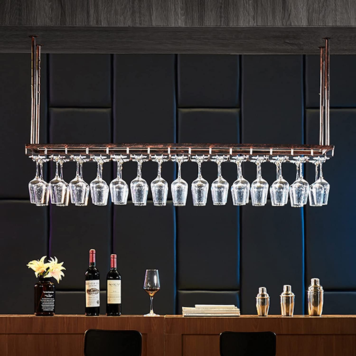 Portabottiglie da vino da appendere – Portabottiglie in metallo con supporti per bicchieri, mensola da soffitto per cucina, bar e sotto armadietto, elegante organizer per calici