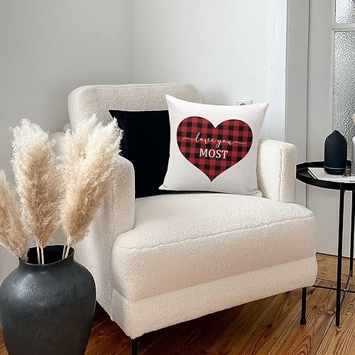 Miniatura 5 de Love Heart Throw Cushion Cover Case Red and Black Buffalo Plaid Love Heart Love You Most Decorative Pillow Cover Linen Square Zipped Pillow Case for