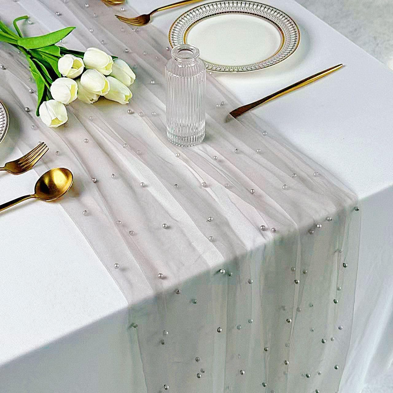 Plancholo Pearl Table Runner 118 Inches Long Grey Boho Rustic Tulle Table Runner with Grey Pearls for Wedding Birthday Party Table Decor, 59x118 Inches
