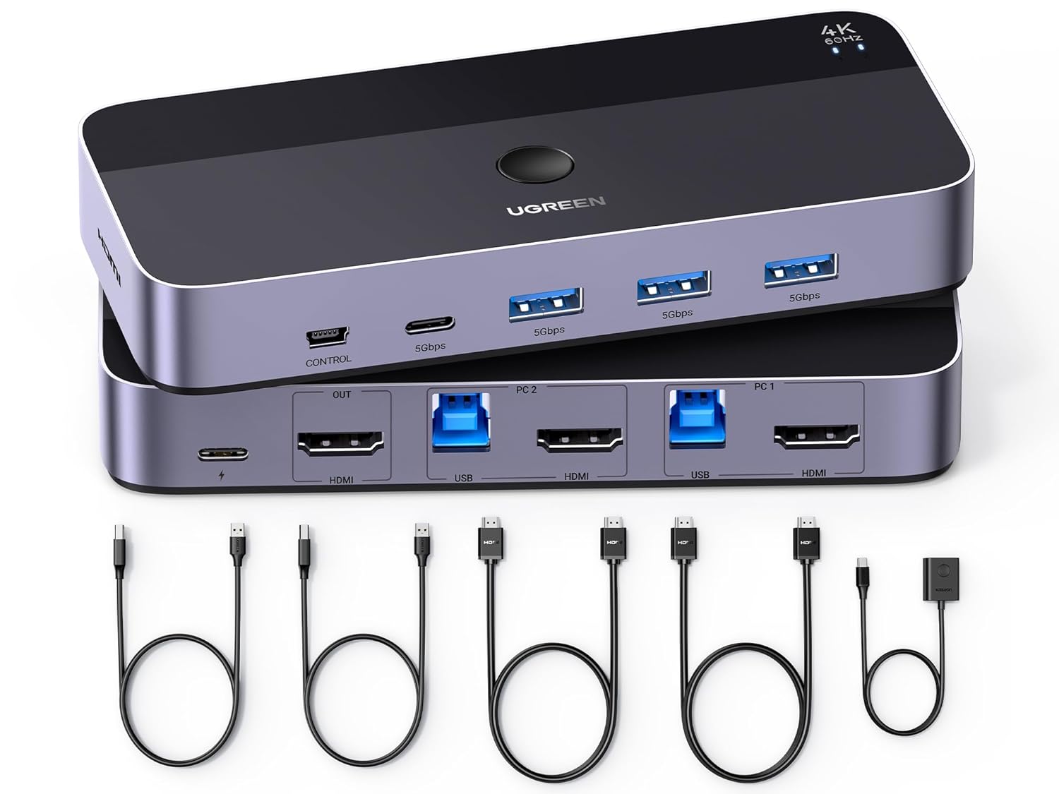 UGREEN HDMI KVM Switch 1 Monitor 2 Computers, with 4 USB 3.0 Ports 4K@60Hz KVM Switches for 2 Computers Sharing One Monitor Keyboard Mouse Printer with 2 HDMI Cables, 2 USB Cables, Controller