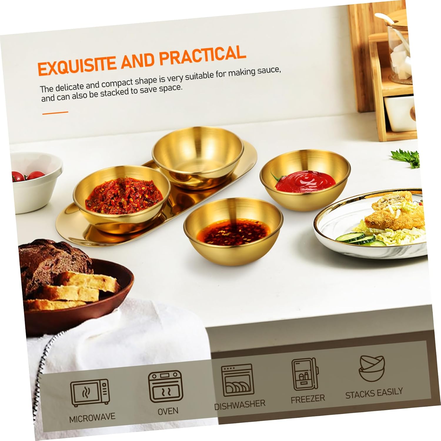 Unomor 6Pcs Stainless Steel Sauce Dishes with Decorative Trays Small Dip Bowls for Sushi Seasoning and Condiments for Dinner Parties and Buffets