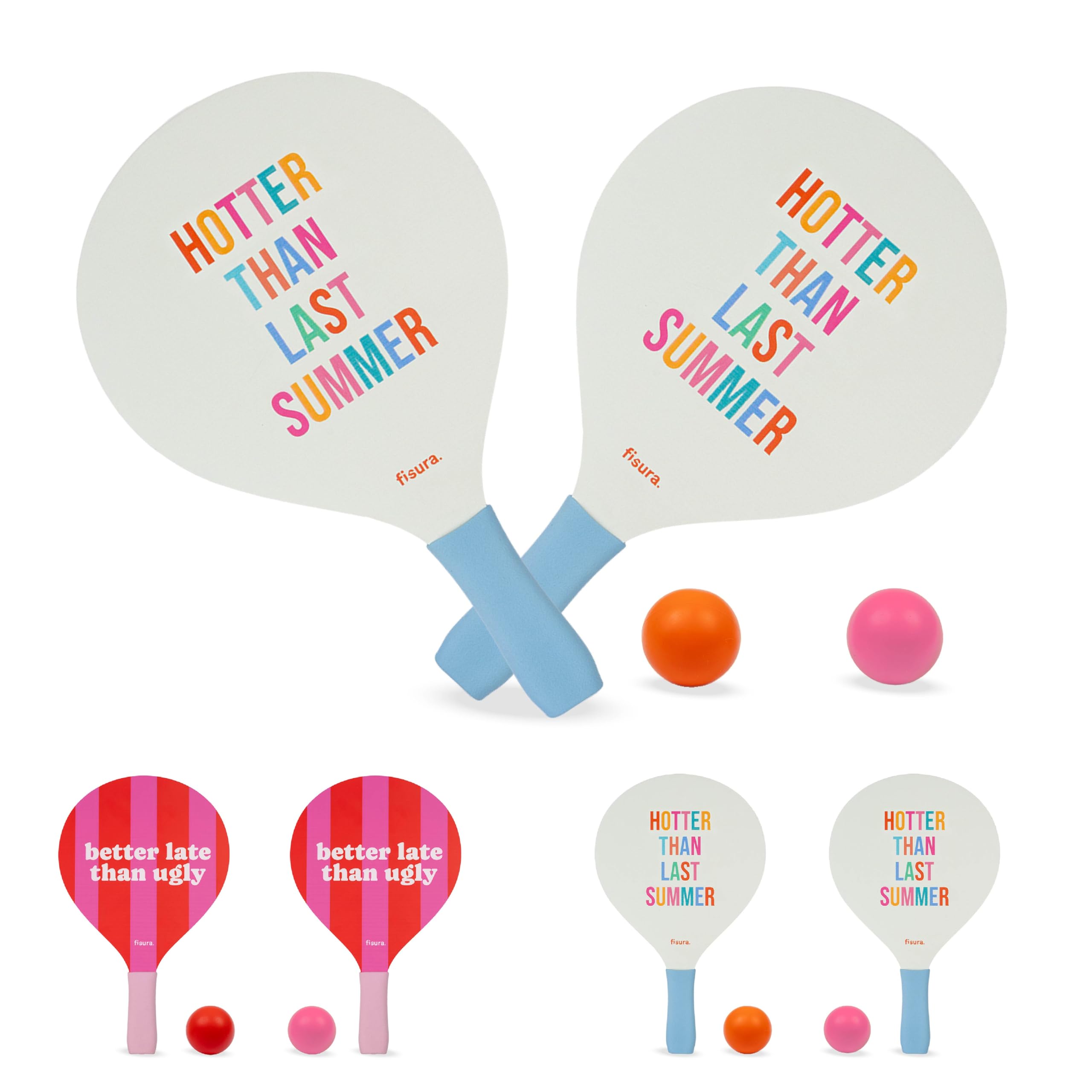 Fisura  Original Beach Paddle Ball Set Hotter than last summer, Multicolour Wooden Beach Racket Set with Net Bag and 2 Balls included, Wooden Bat Set for Swimming Pool