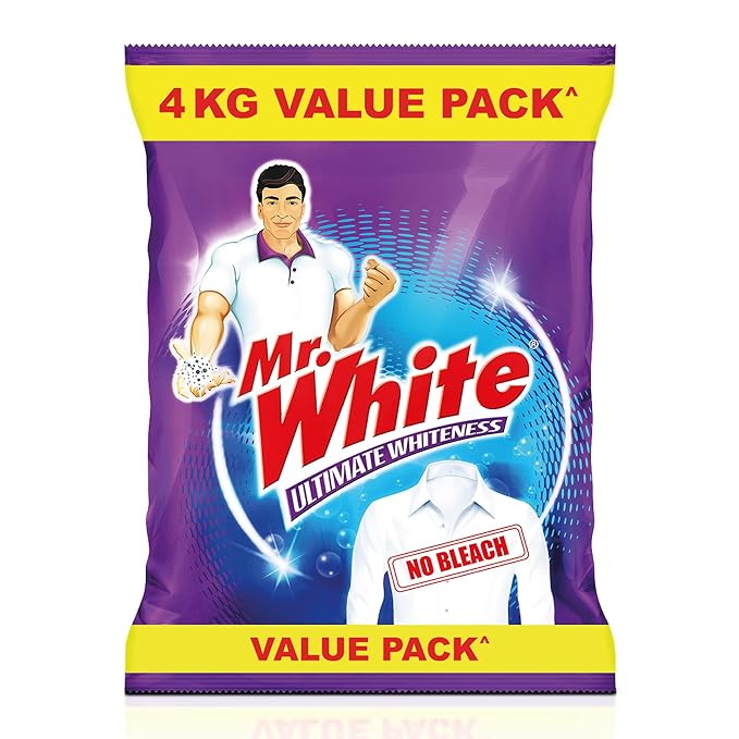 Mr White Detergent Powder 4 Kg Value Pack | Whiteness Boosters Gives Ultimate Whiteness | No Bleach Formula Keeps Coloured Clothes Bright And Safe | For Bucket Wash & Top Load Washing Machines