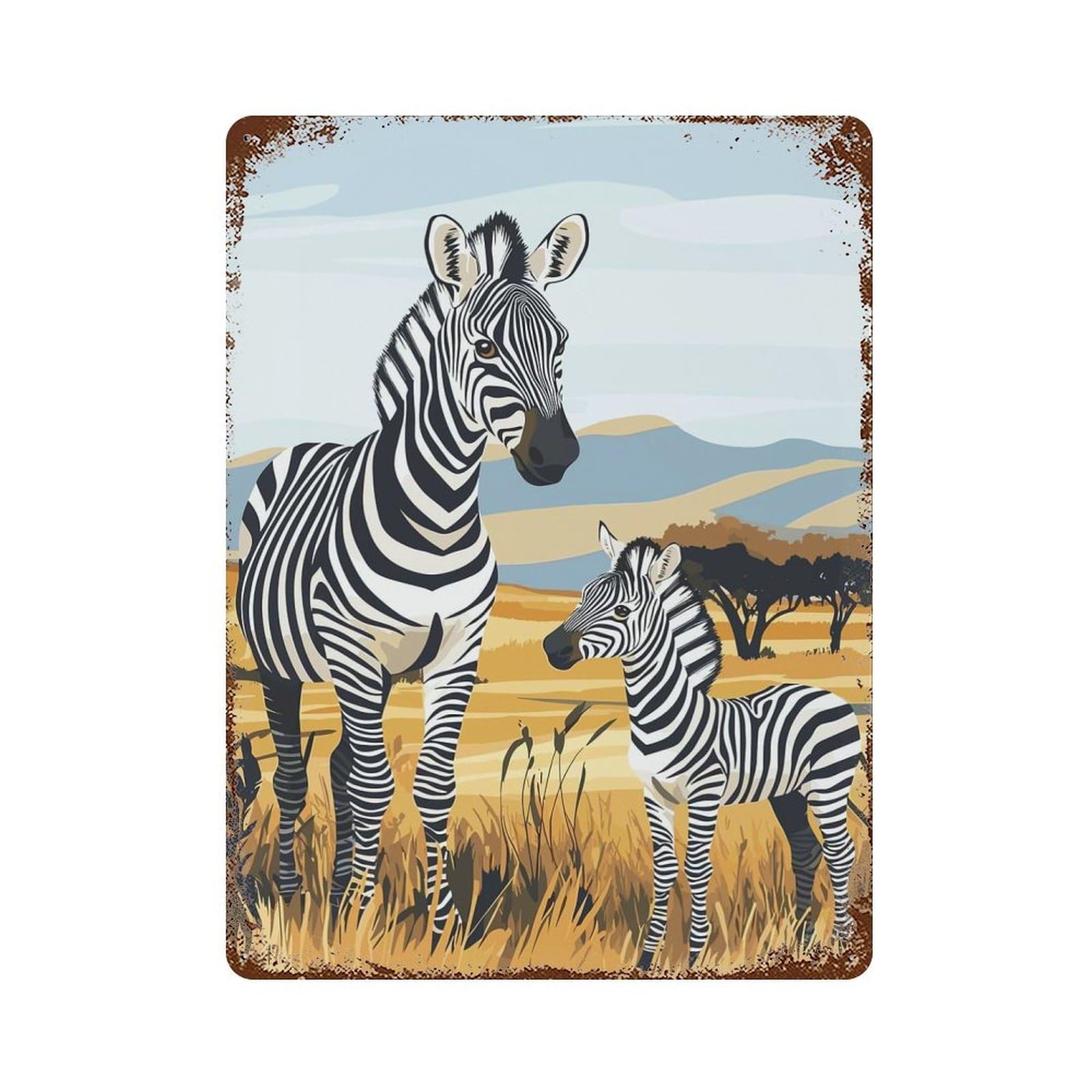 Rust Effect Zebra Family Minimalist Rusty Metal Tin Sign 15.7"x11.8", Old School Wall Decor for Farmhouse, Kitchen And Entryway Decor