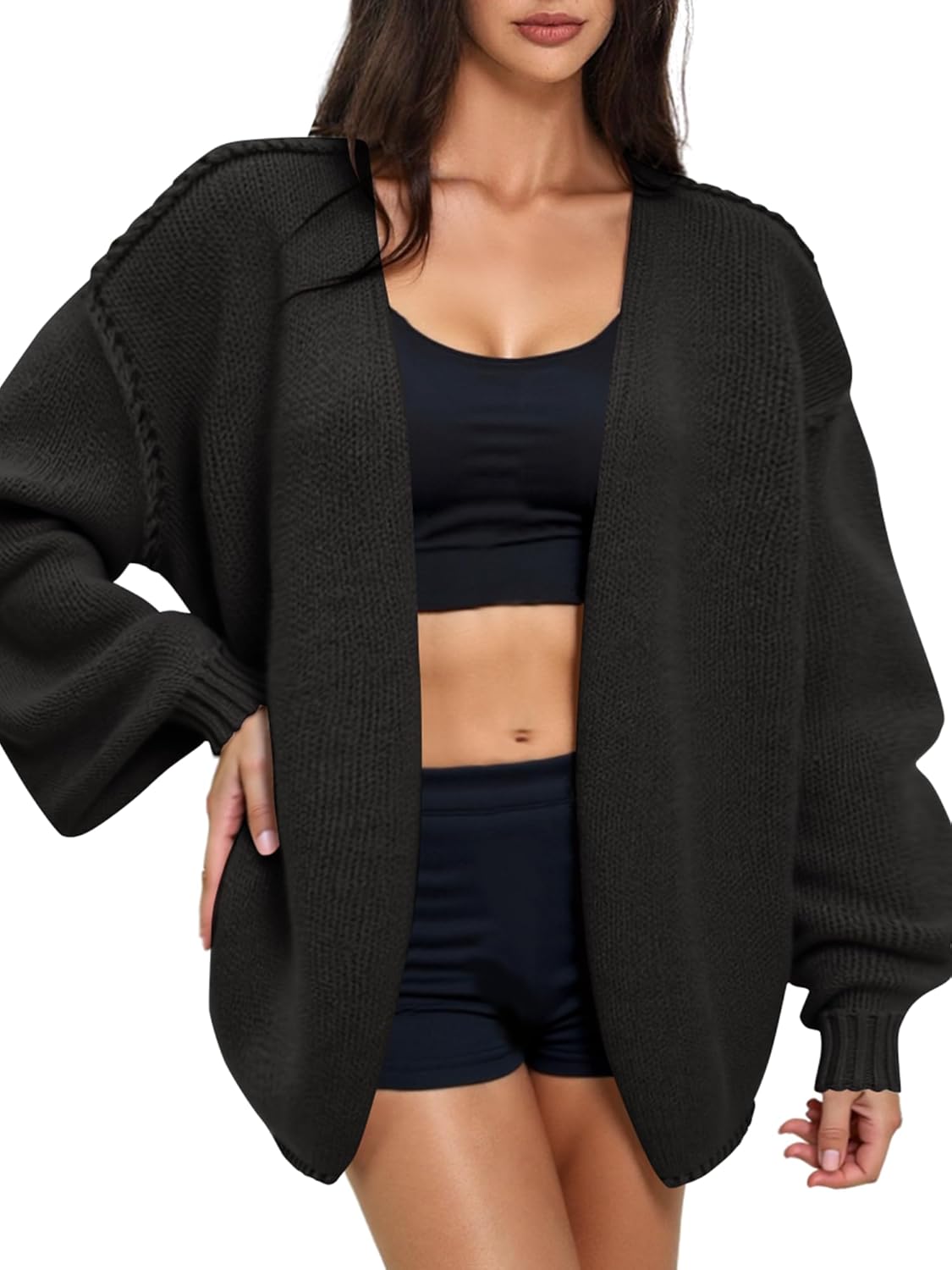 Women’s Oversized Knit Cardigan, Open Front Long Sleeve Chunky Sweater, Soft Cozy Beige Cardigan for Fall & Winter Layering - Image 6