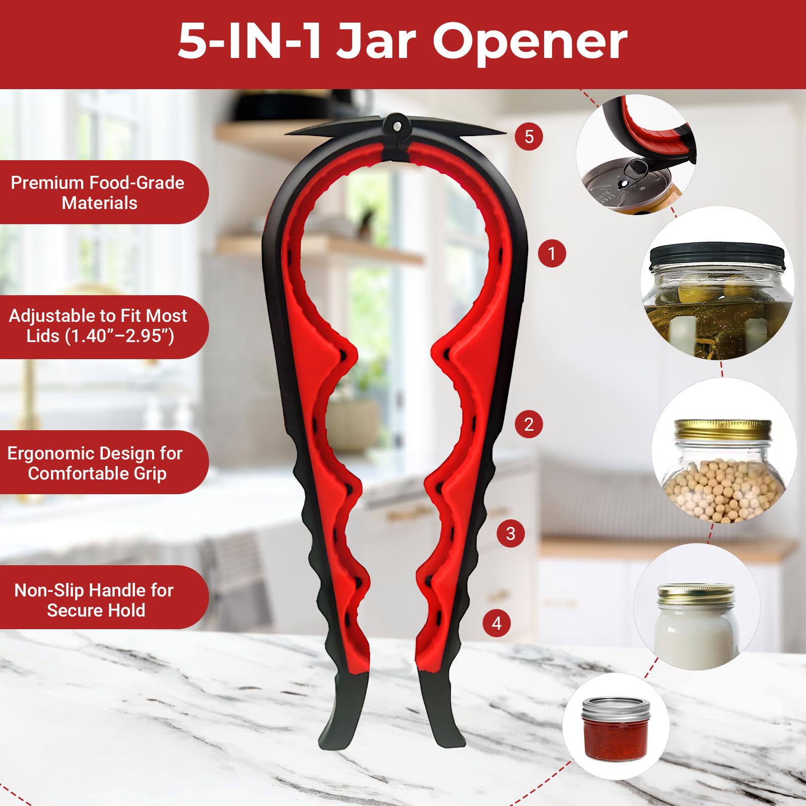 Jar Opener for Seniors, Arthritis, Weak Hands, Multi Function Bottle Opener Lid Opener with Non slip Rubber Jar Opener Gripper Pad and Jar Spatula